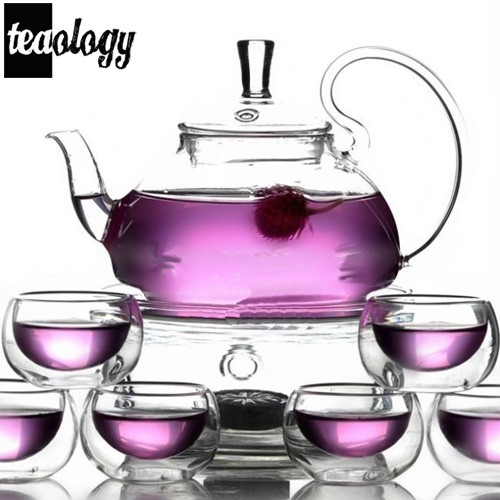 NEW! TEAOLOGY FIORE BOROSILICATE GLASS TEAPOT KETTLE AND 6 CUP SET