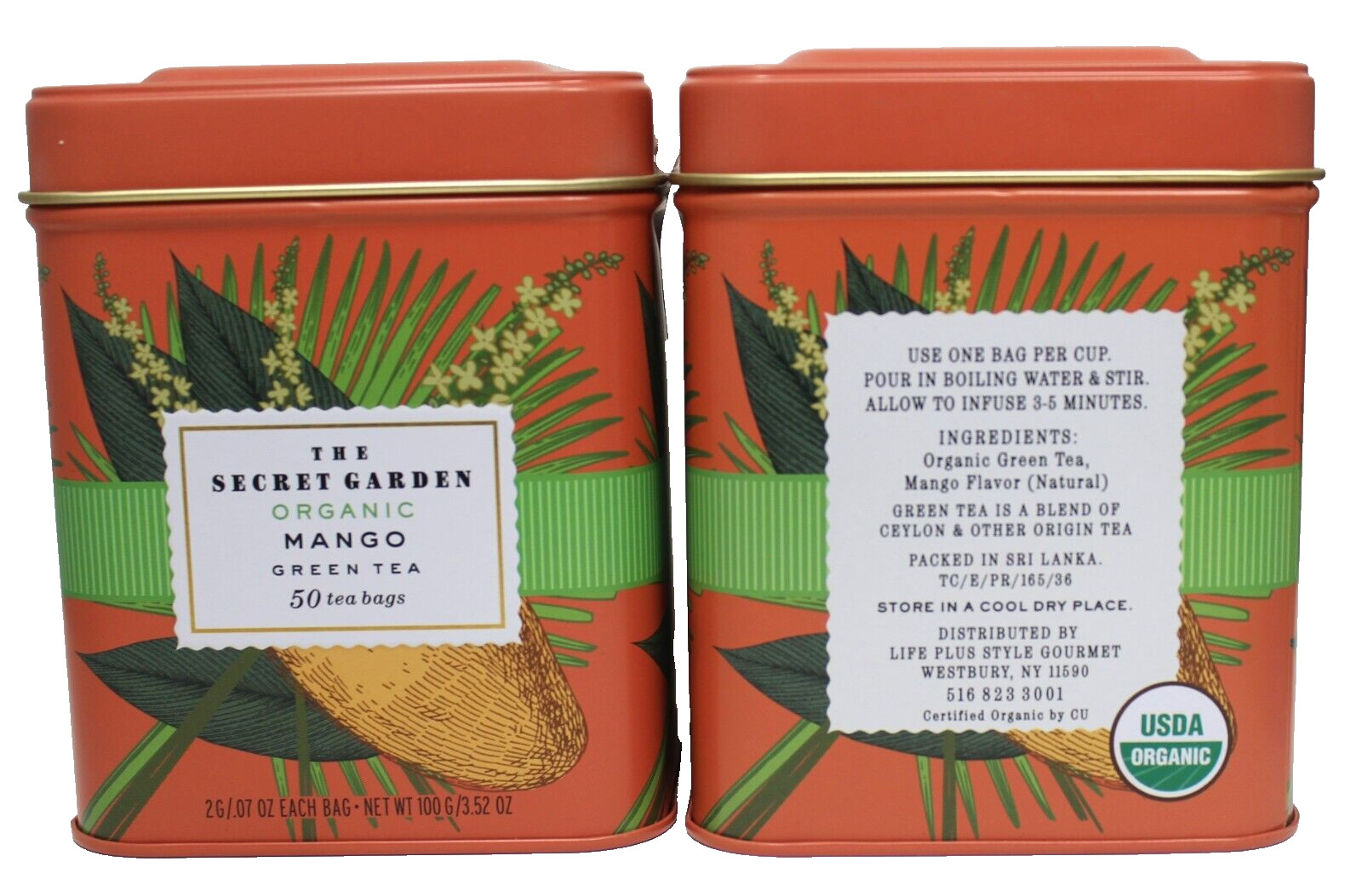 x2 Organic Mango Green Tea Secret Garden 50 ea Tea Bags Reusable Tin New