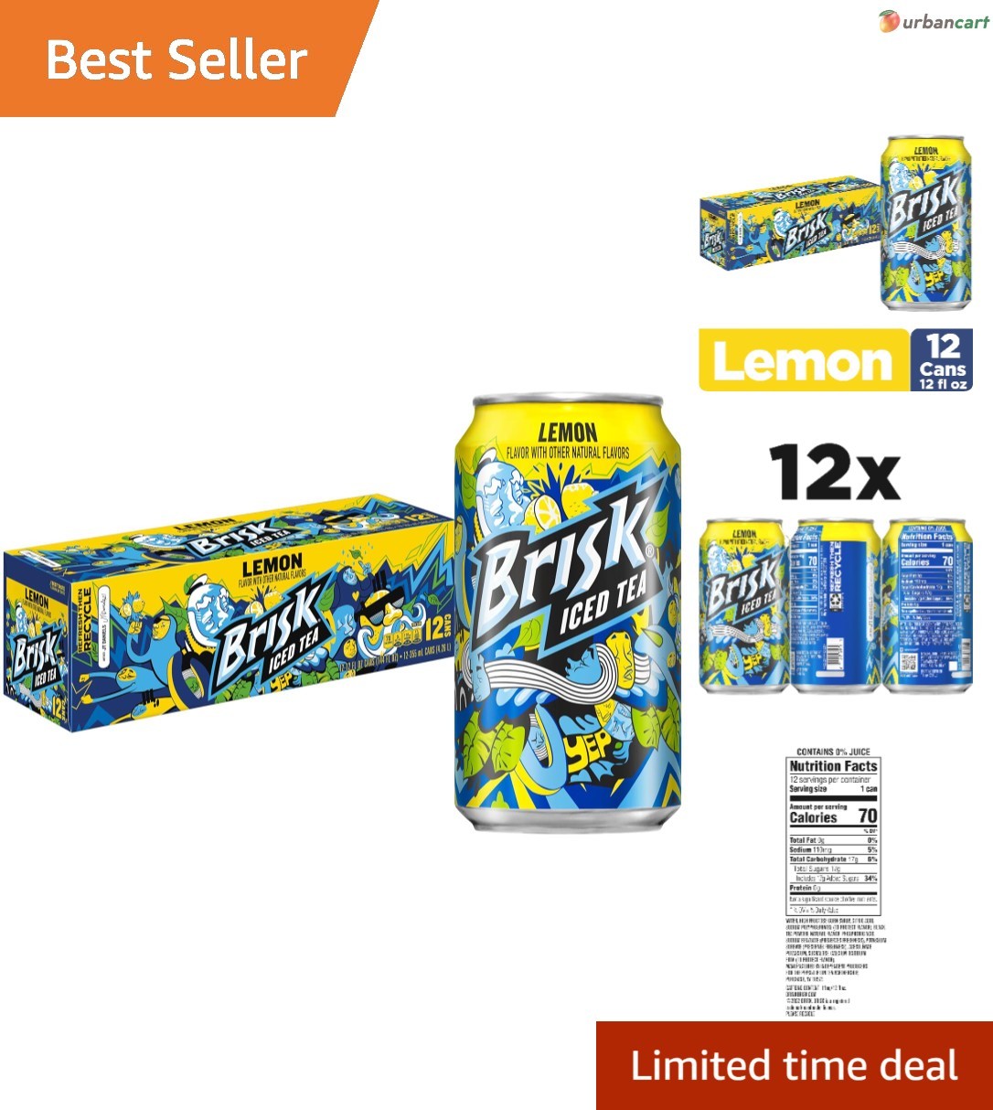 Brisk Lemon Iced Tea – Pack of 12 Cans