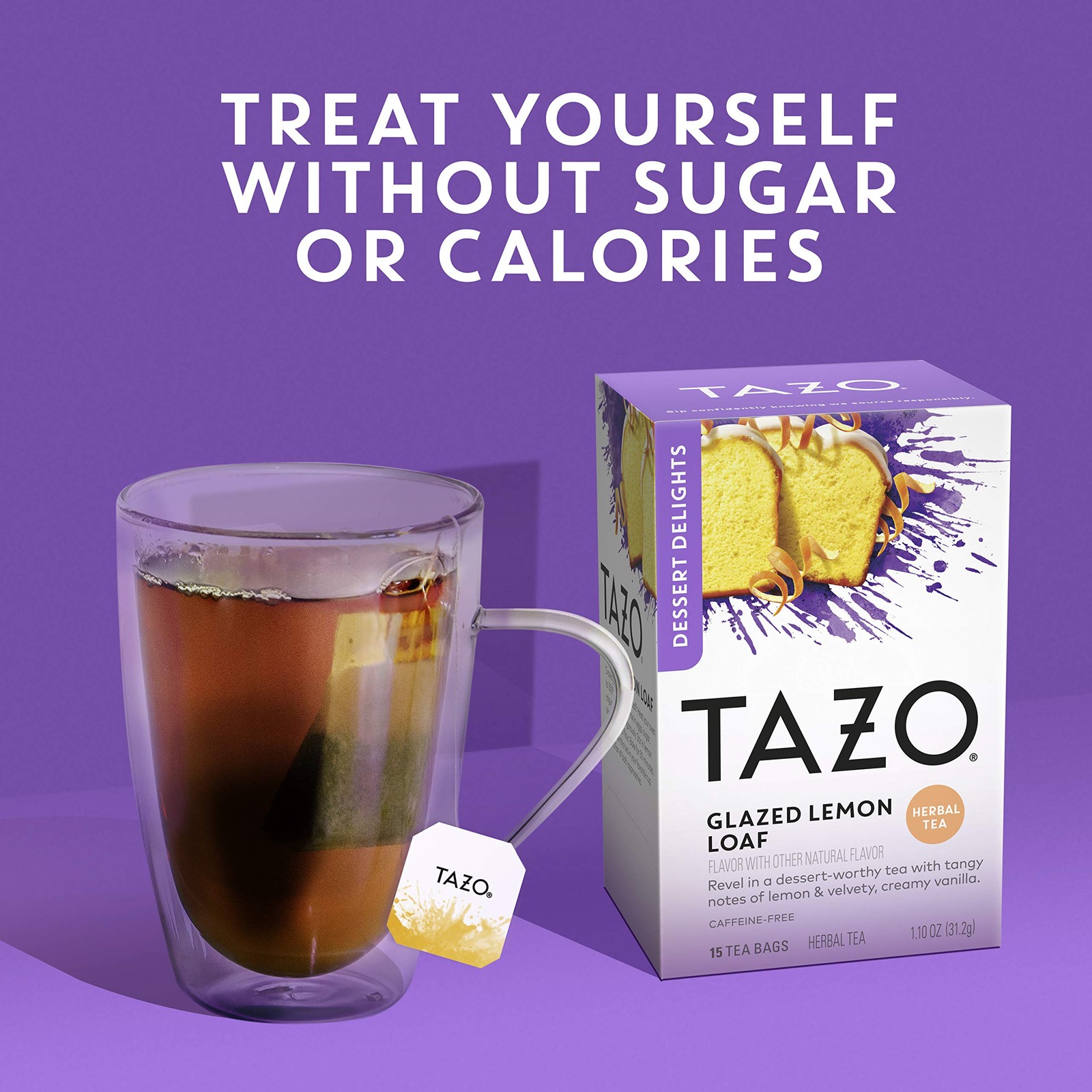 TAZO Glazed Lemon Loaf Dessert Delights Herbal Tea Bags, Caffeine Free, 15 Bags