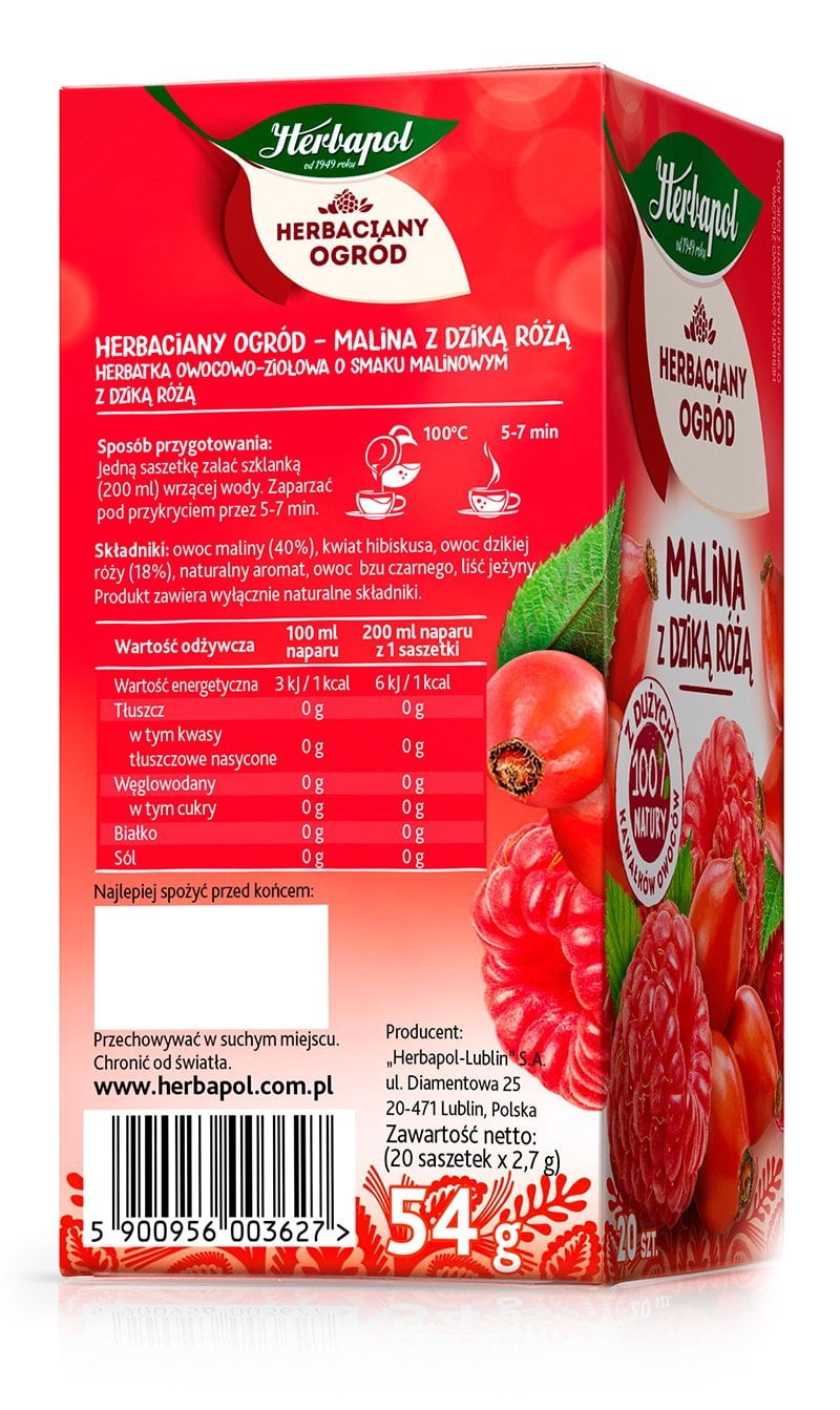 Herbapol Tea Garden – RASPBERRY & ROSEHIP – Box 20 bags / 54g / 1.90oz