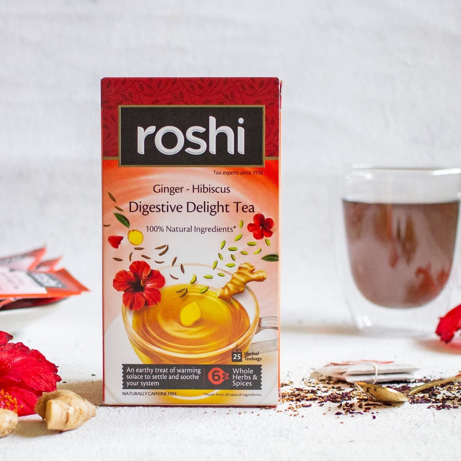Roshi Digestive Delight Tea 25 Teabags with Hibiscus Ginger, Saunf Ajwain