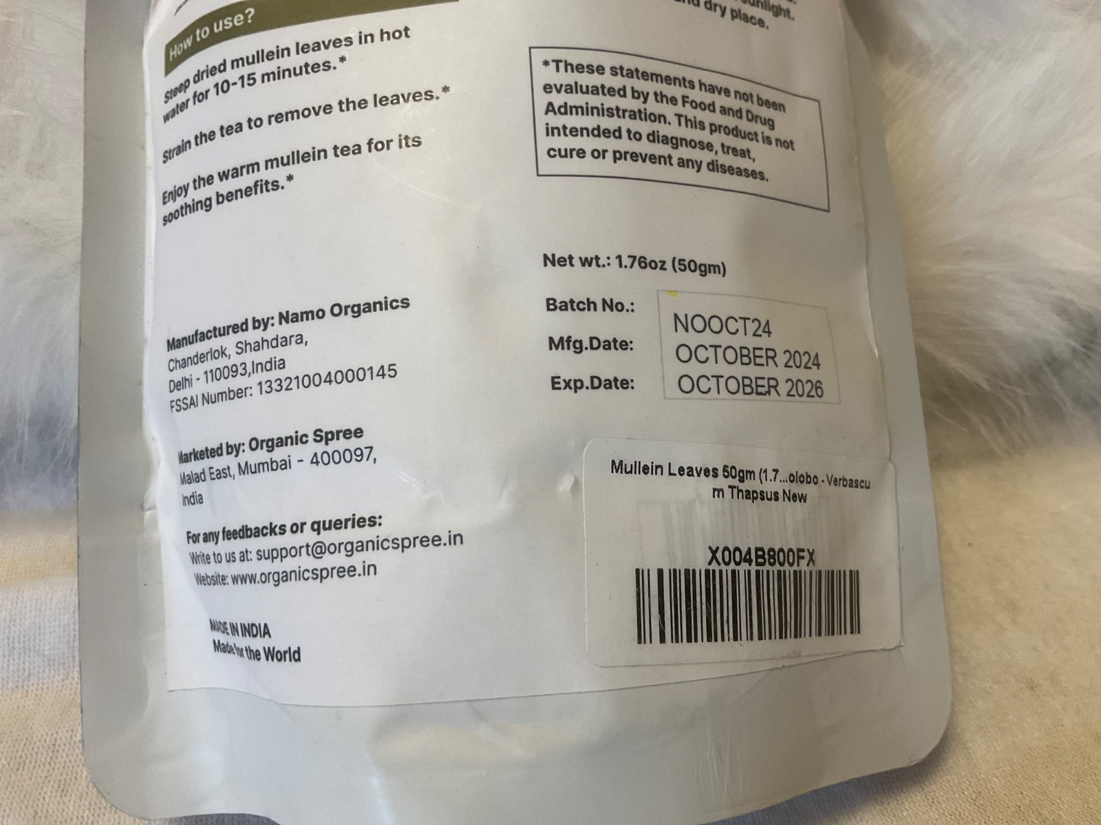 Organic Mullein Leaves Plant Based 1.76 (50 g) Organic. Loose Leaf Exp 10/26