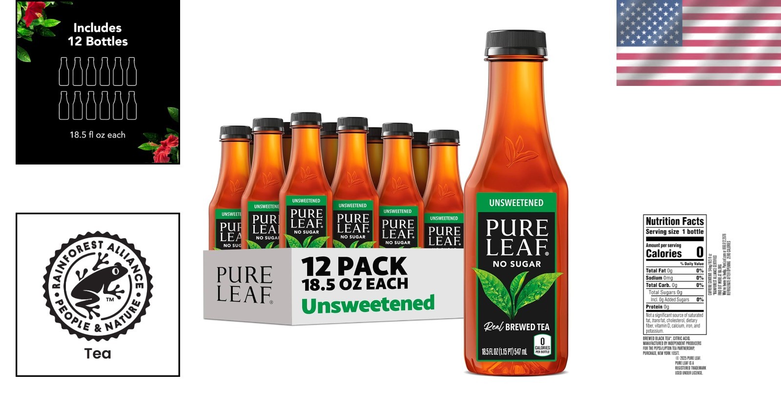 Pure Leaf Unsweetened Iced Tea – 0 Calories, Pack of 12, Real Brewed Black Tea