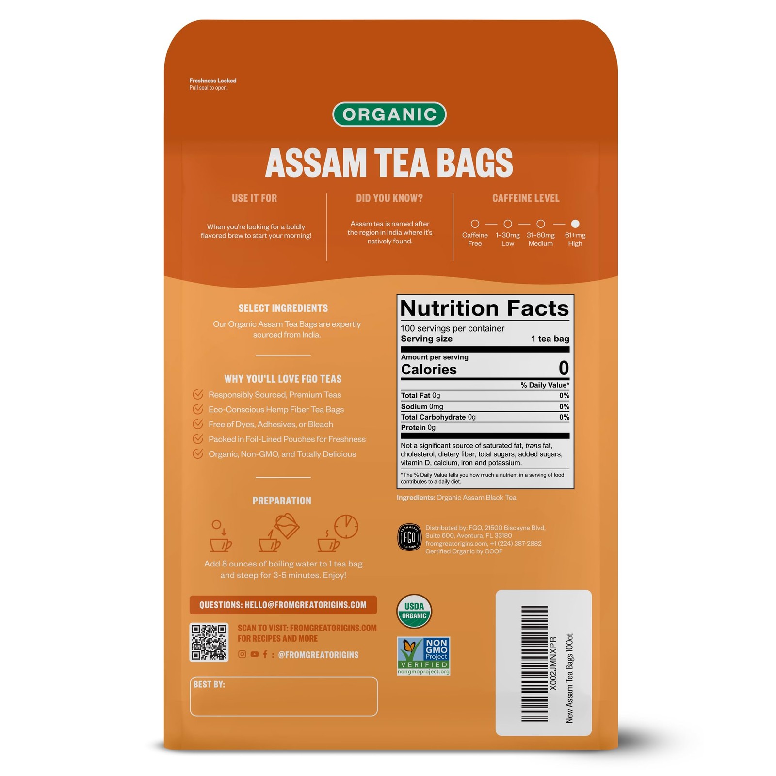 Organic Assam Tea, 100 Count, Eco-Conscious Black Tea Bags, Resealable Bag, P…