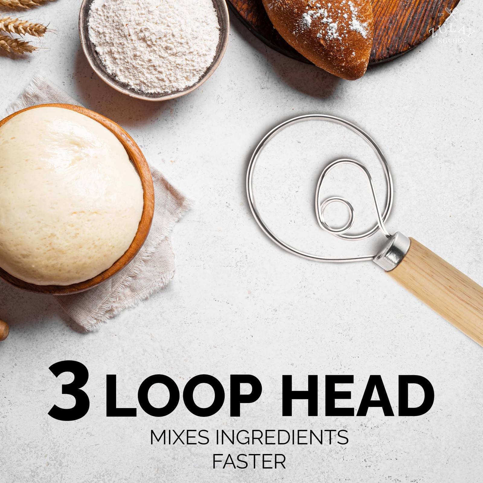Zulay Kitchen 13-Inch Danish Dough Whisk – 1 Pack, Rubberwood – Single Eye