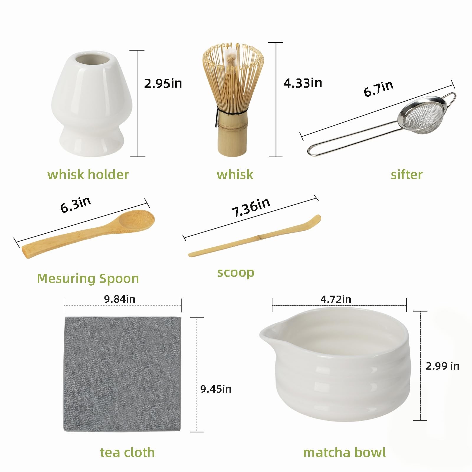 Matcha Whisk Set 7pc Ceramic Tea Kit Bowl Sifter Scoop Towel Gift