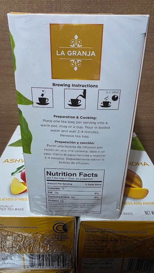 ASHWAGANDHA Mango Herbal Tea – 25 Tea Bags per Pack – LOT of 5 – Exp: 08/2028