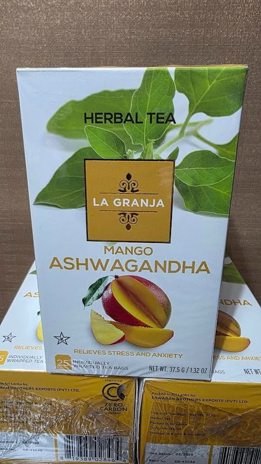 ASHWAGANDHA Mango Herbal Tea – 25 Tea Bags per Pack – LOT of 5 – Exp: 08/2028