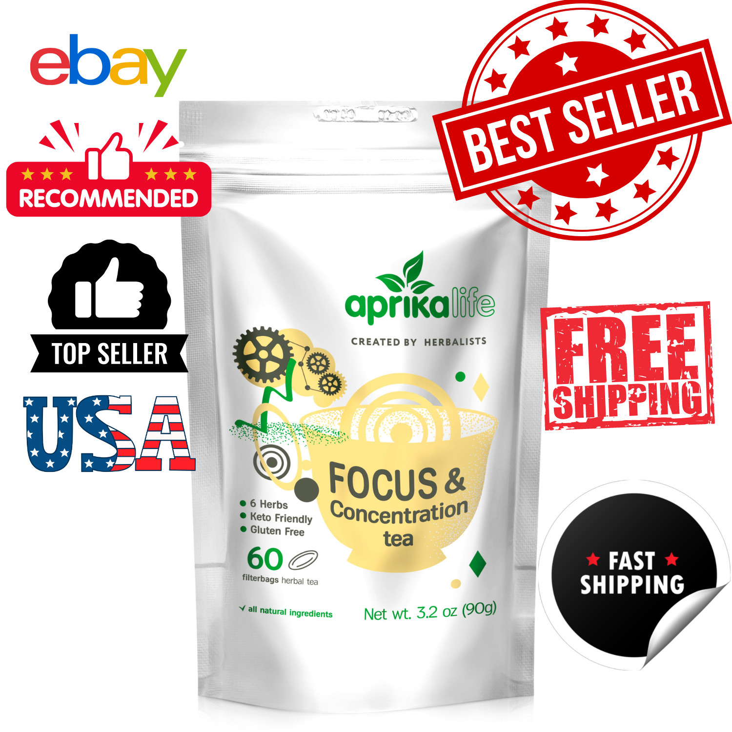 Focus & Concentration Herbal Tea for Attention & Energy , 60 bags, USA seller
