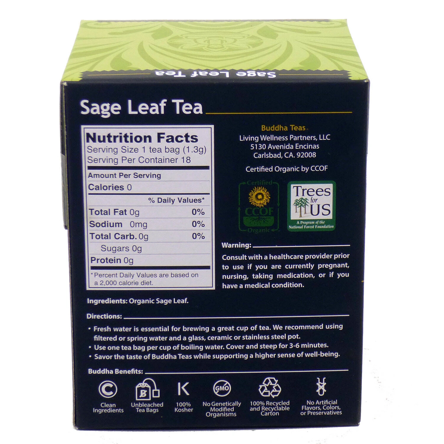 Buddha Teas Organic Sage Leaf Tea, 18 Tea Bags