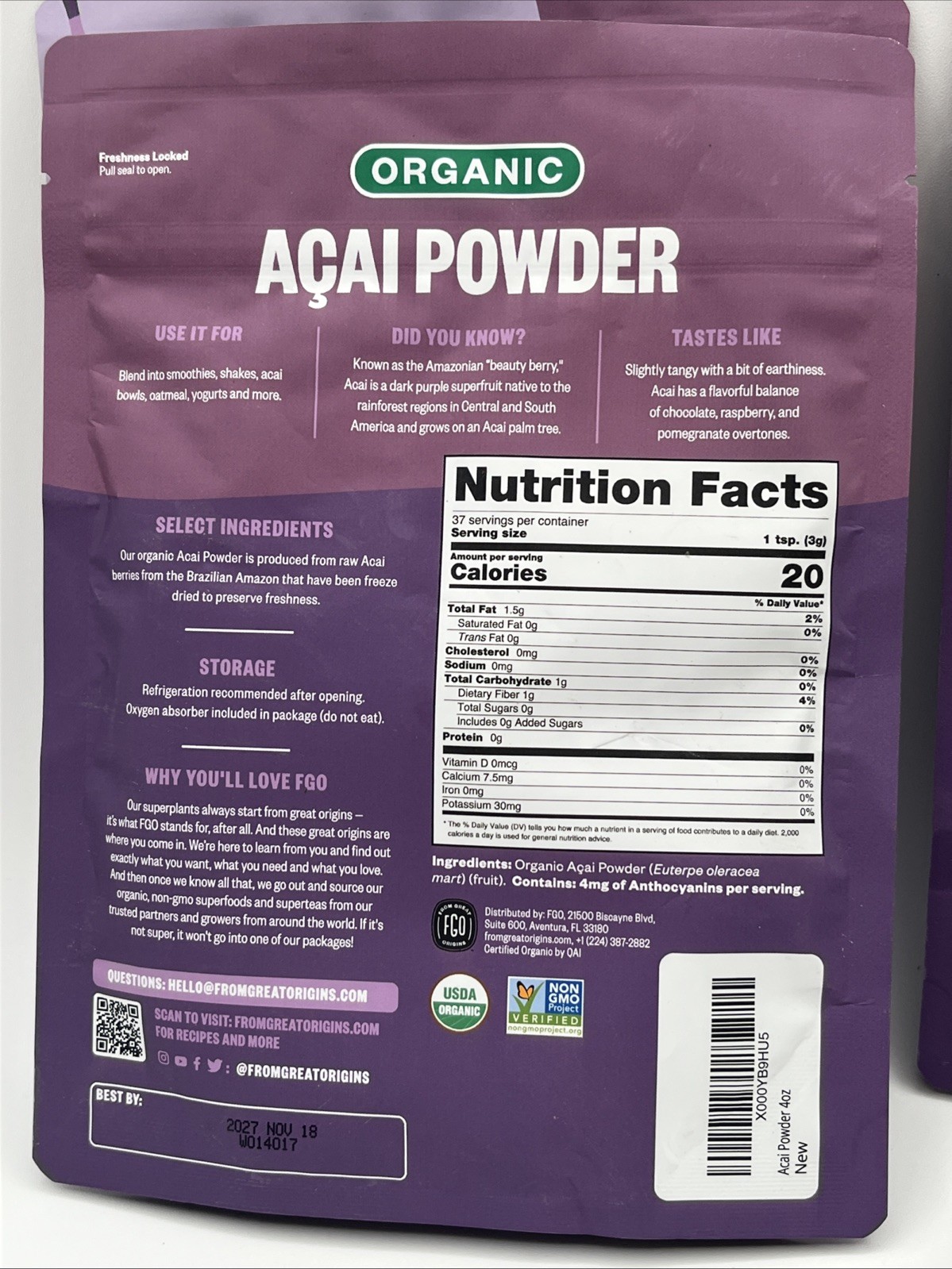 4 bags From Great Origins Organic Acai powder 4.oz each From Brazil 11/18/2027