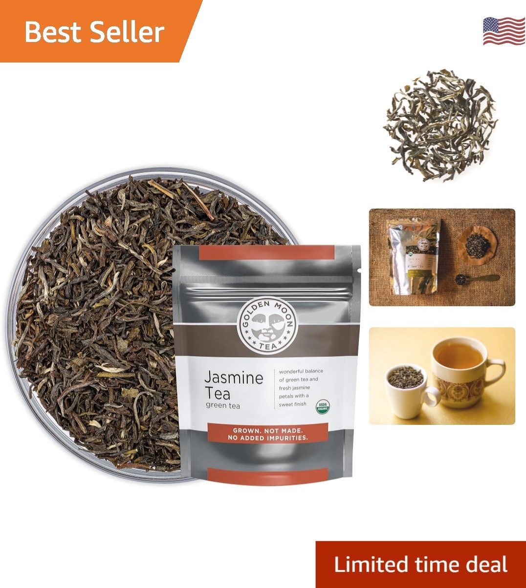 Golden Moon 8 oz Organic Jasmine Loose Leaf Tea – Pure, Natural & Refreshing