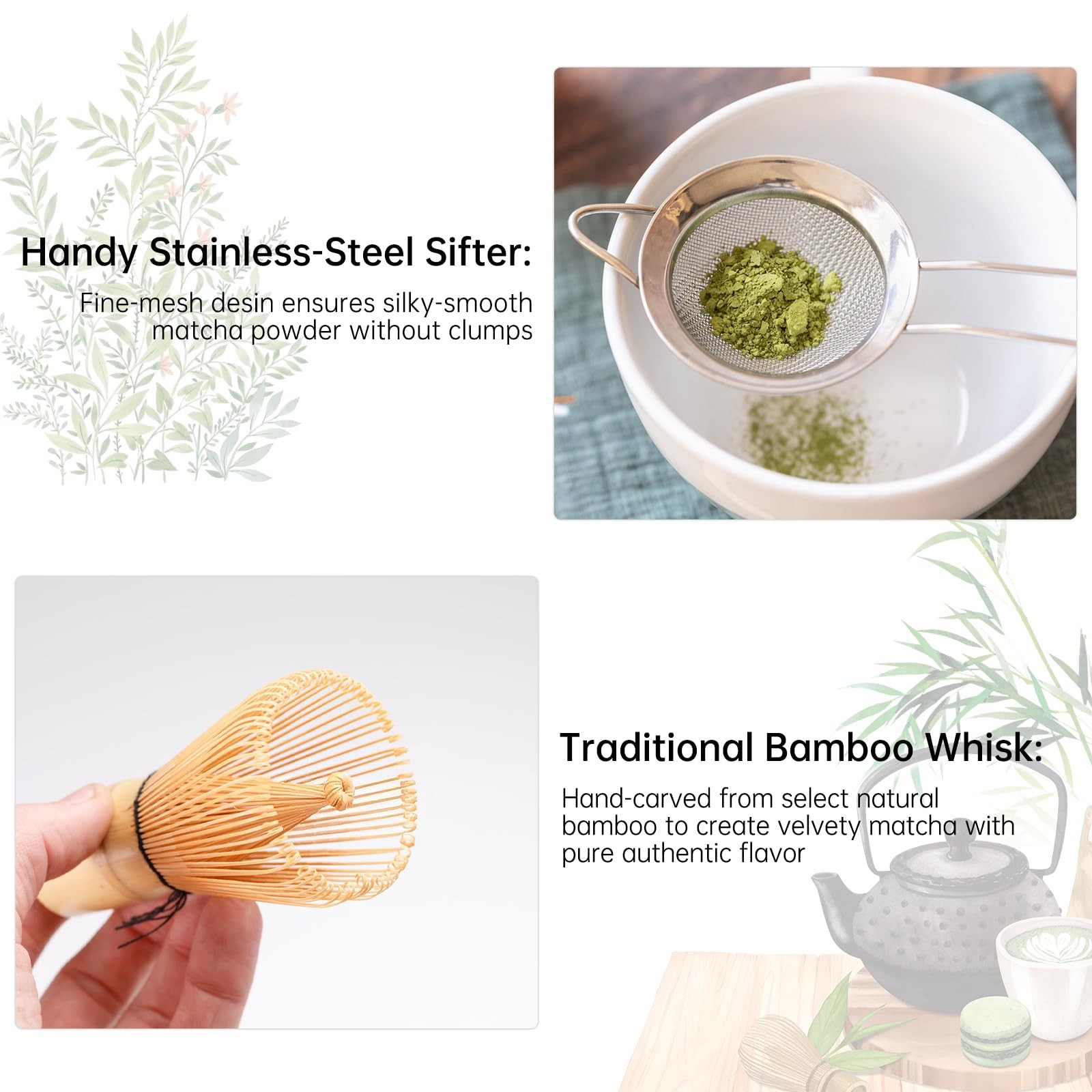 5 Pcs Matcha Whisk Set Green Bowl Chawan Spoon Sifter Kit Ceremony Tea Gift