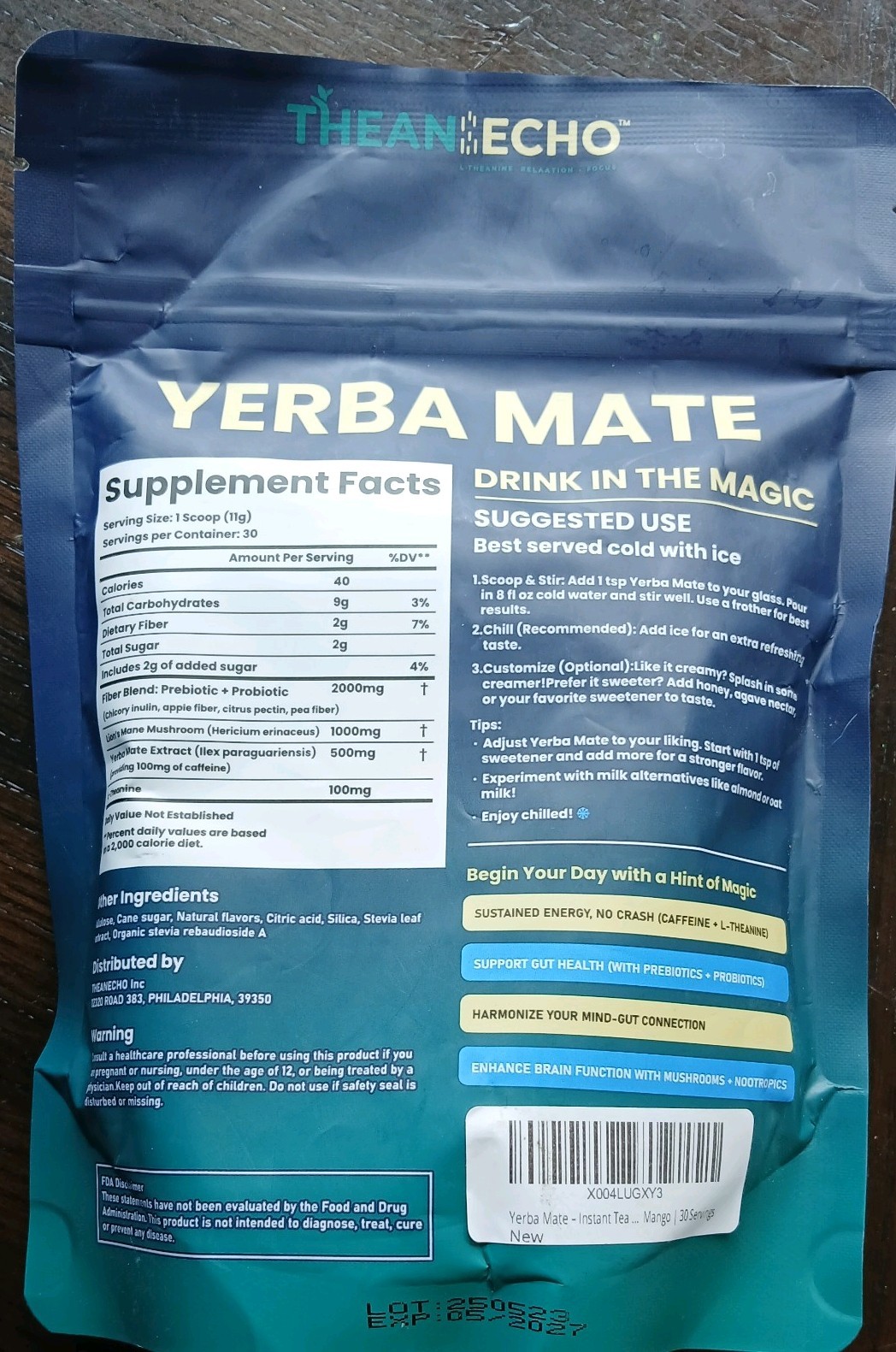 Yerba Mate Peach Mango Instant Tea 11.64oz 30 Servings TheanEcho Exp 05/2027