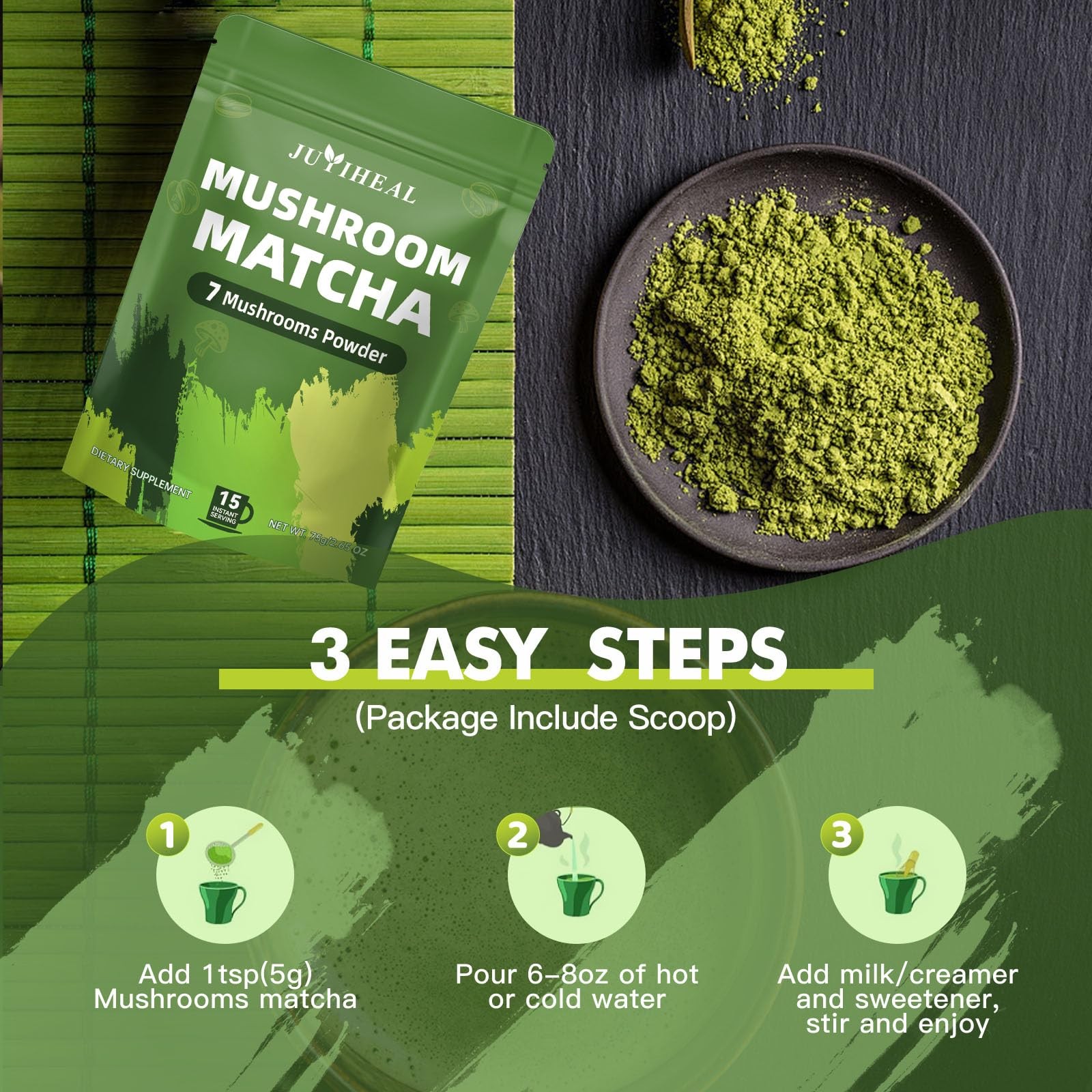 JUYIHEAL Mushroom Matcha | Japanese Ceremonial Infused with 7 75g