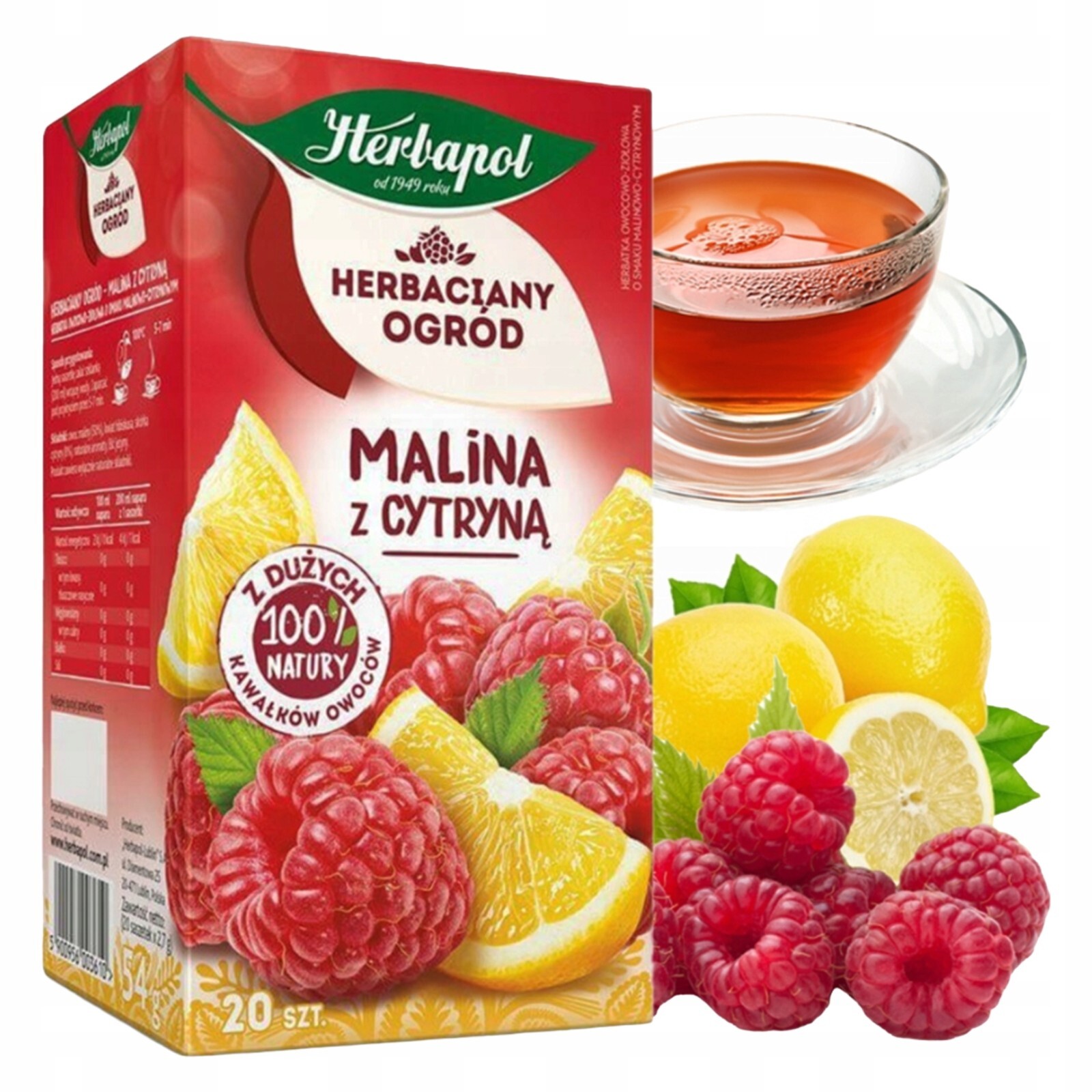 Herbapol Tea Garden – RASPBERRY & LEMON – Box 20 Teabags / 54g / 1.90oz