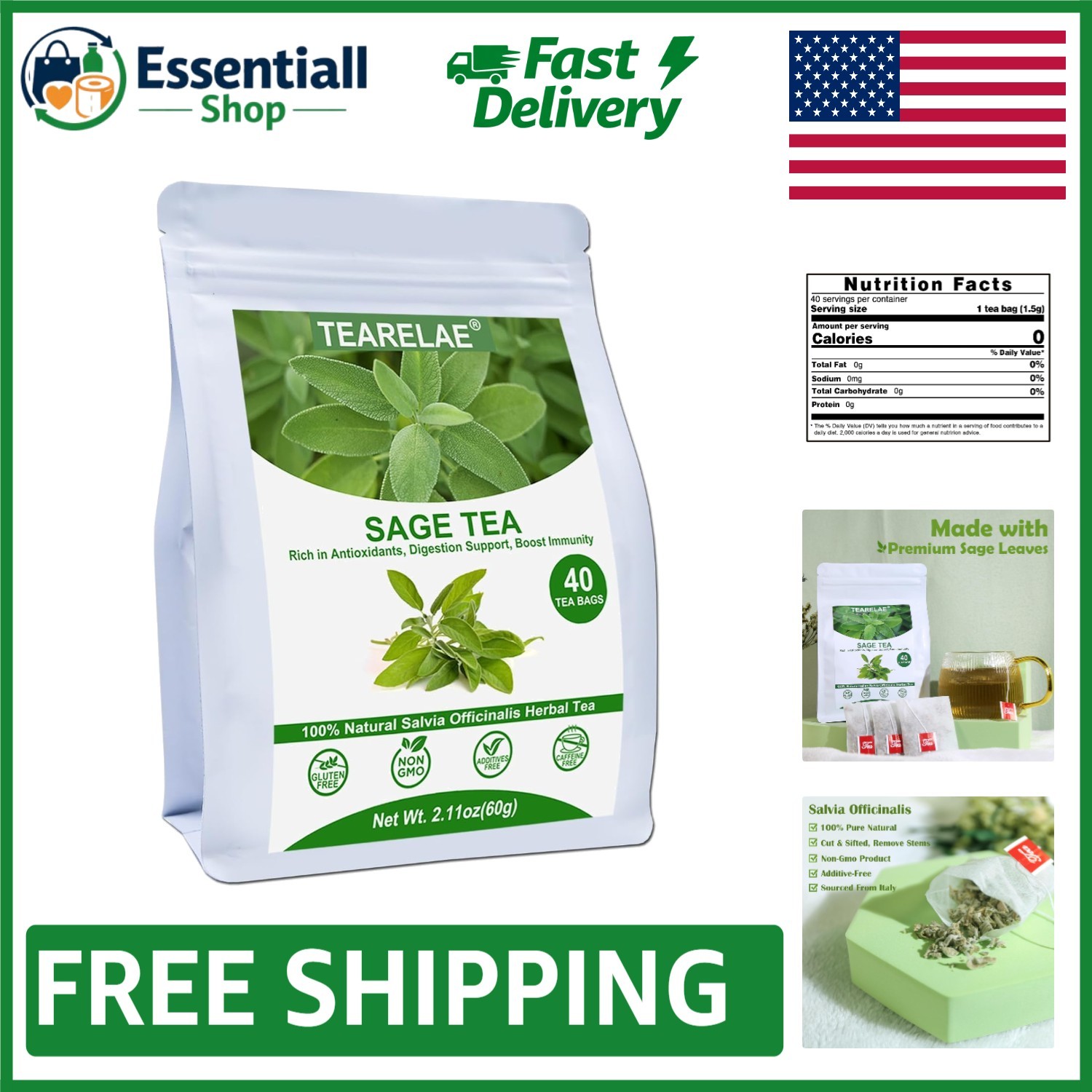 Sage Leaf Tea Bags – 40 Count – Revitalize Your Day with Natural Herbal Essence