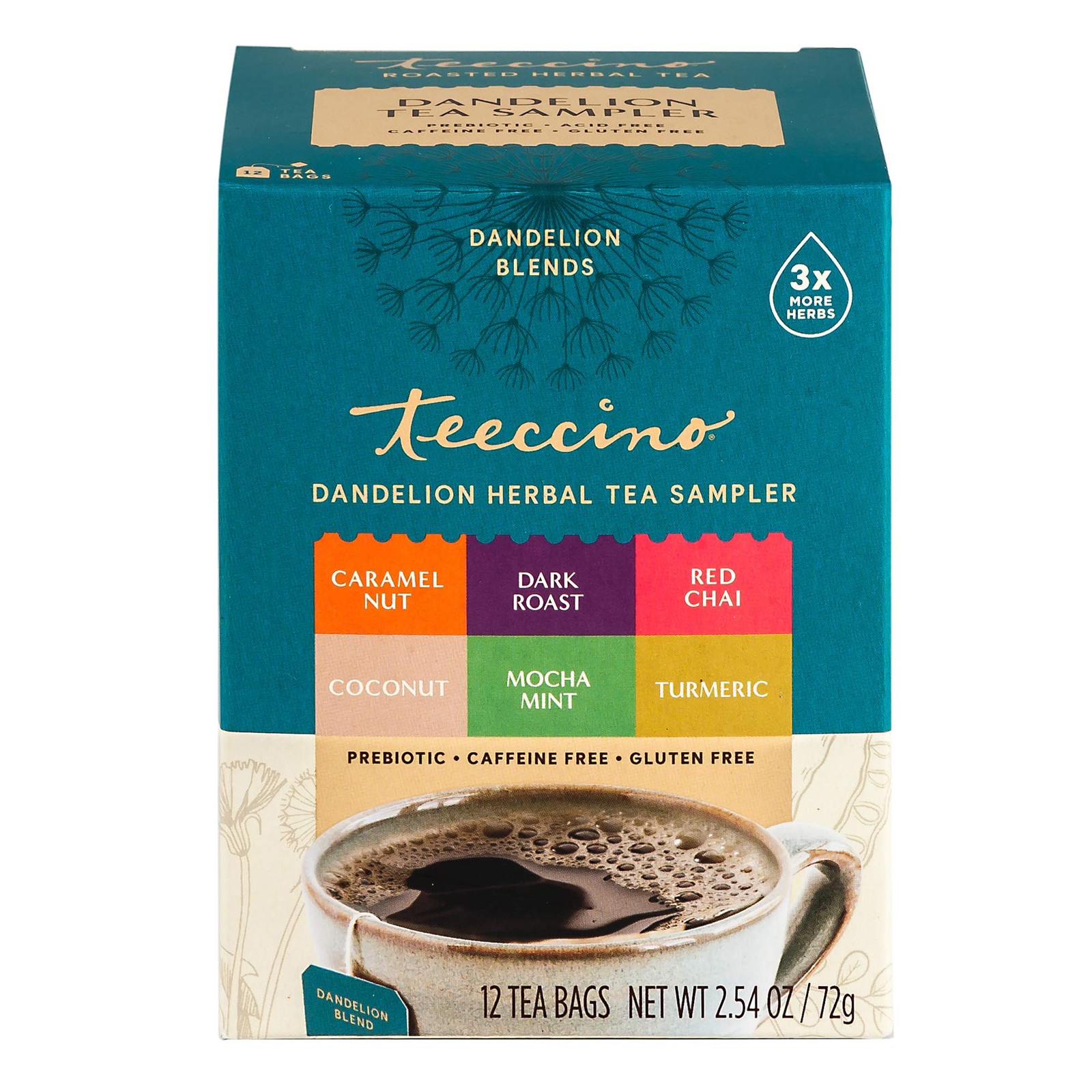 Teeccino Dandelion Tea Sampler – 12 Caffeine-Free Herbal Tea Bags