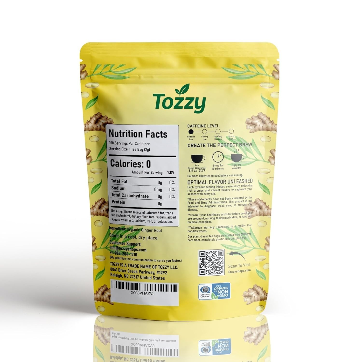 Tozzy Organic Ginger Tea – 100 Count, Plant-Based Pyramid Tea Bags