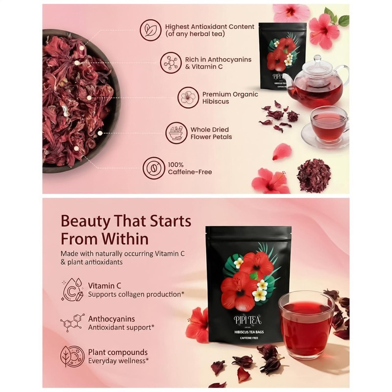 PiPi Tea Organic Hibiscus Tea Bags – Caffeine Free Herbal Tea Rich in Antioxi