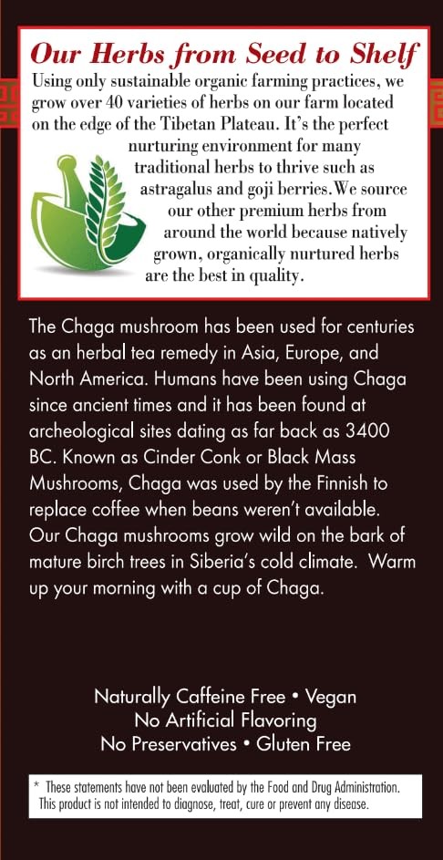 Caffeine Free Wild Chaga Mushroom Herbal Tea Gluten Free Non Gmo 1.06 Ounce