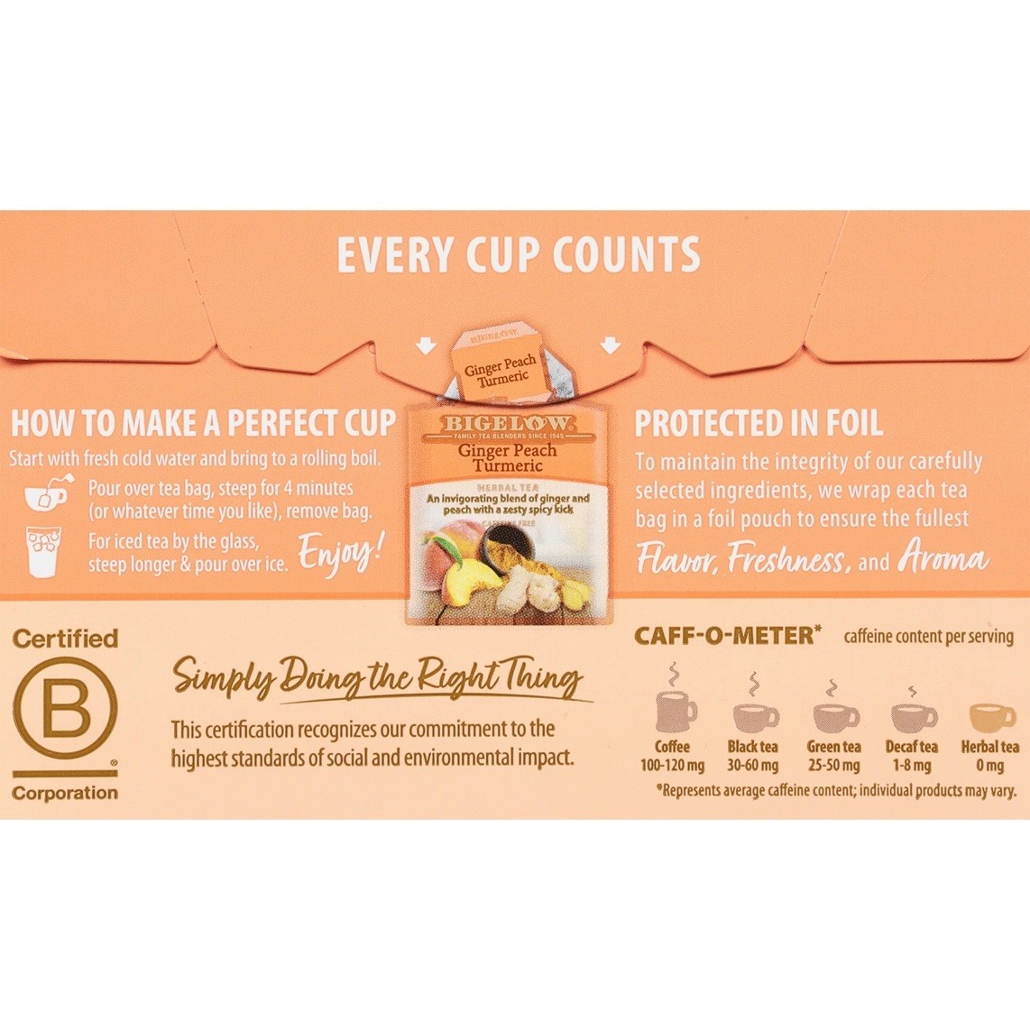 Bigelow Ginger Peach Turmeric Herbal Tea, Caffeine Free, 18 Count