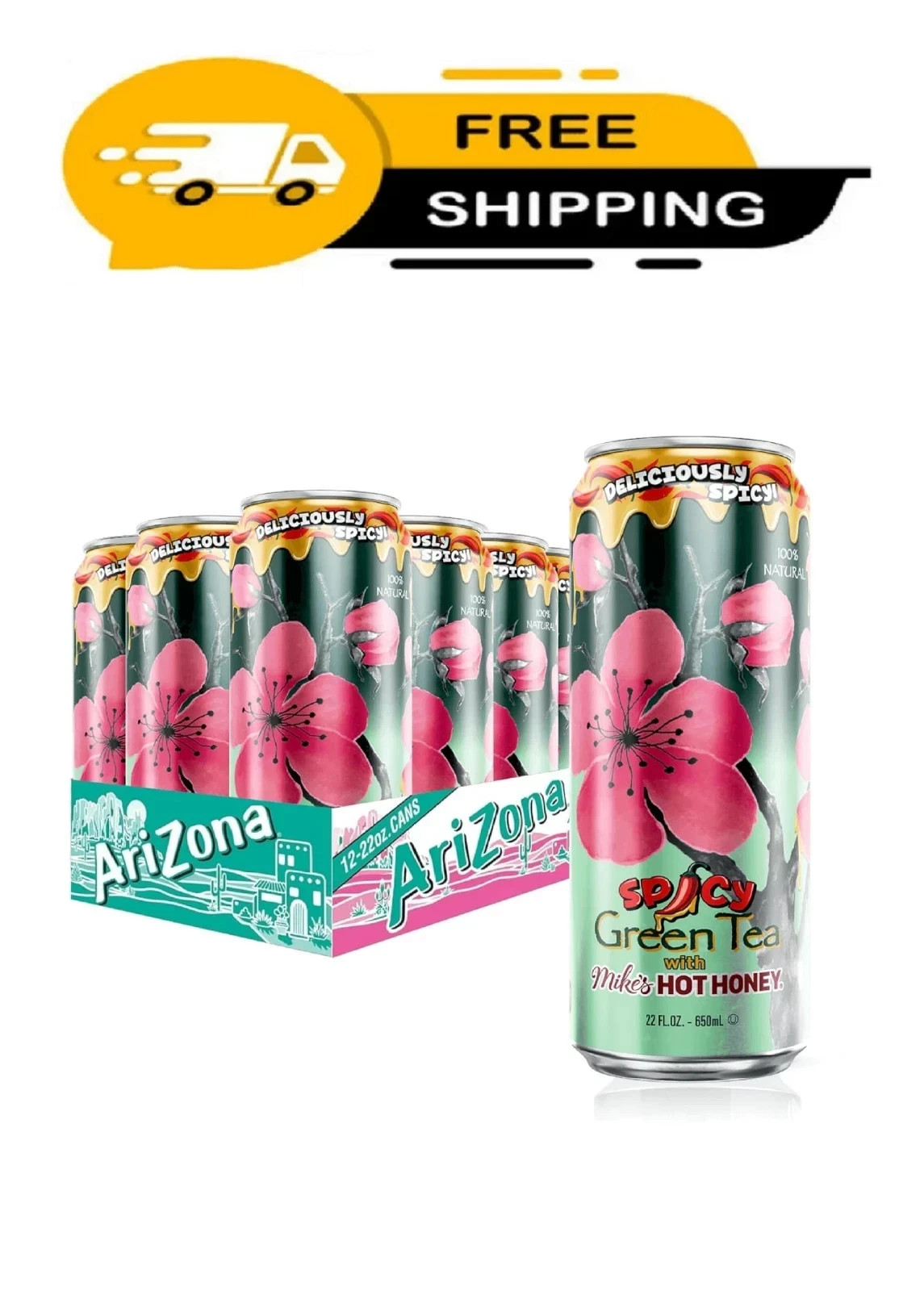 AriZona Spicy Green Tea with Mikes Hot Honey – Big Can, 22 Fl Oz (Pack of 24)