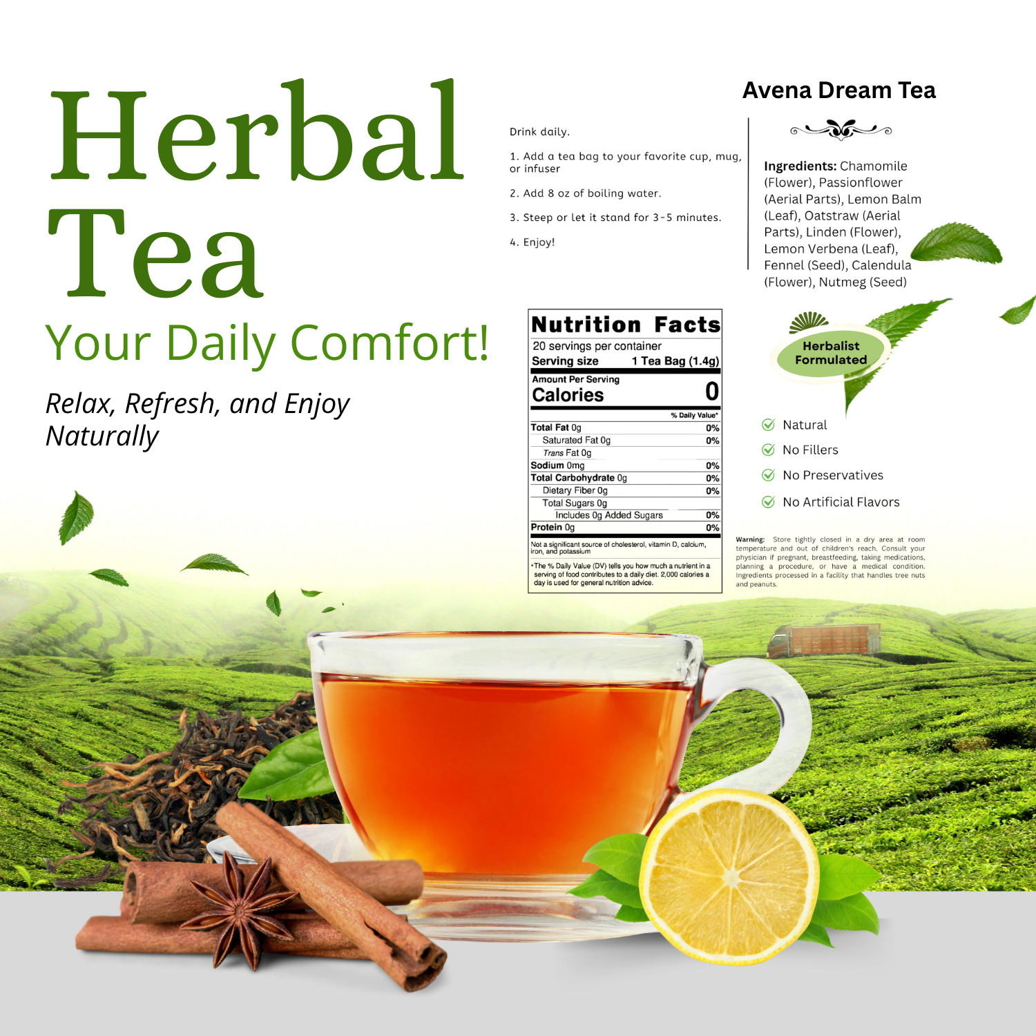 Avena Dream Herbal Tea | 20 Tea Bags | Caffeine Free Botanical Blend