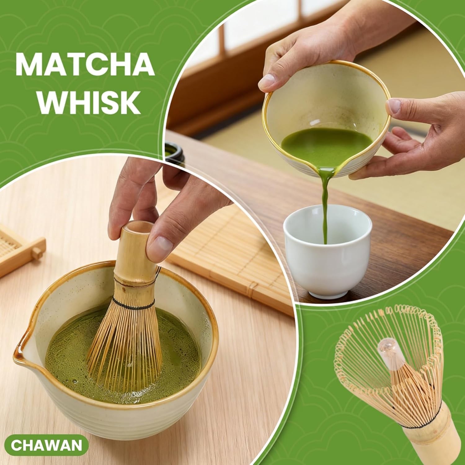 Matcha Whisk Set 7 Pcs, Japanese Making Kit with Ceramic yellow