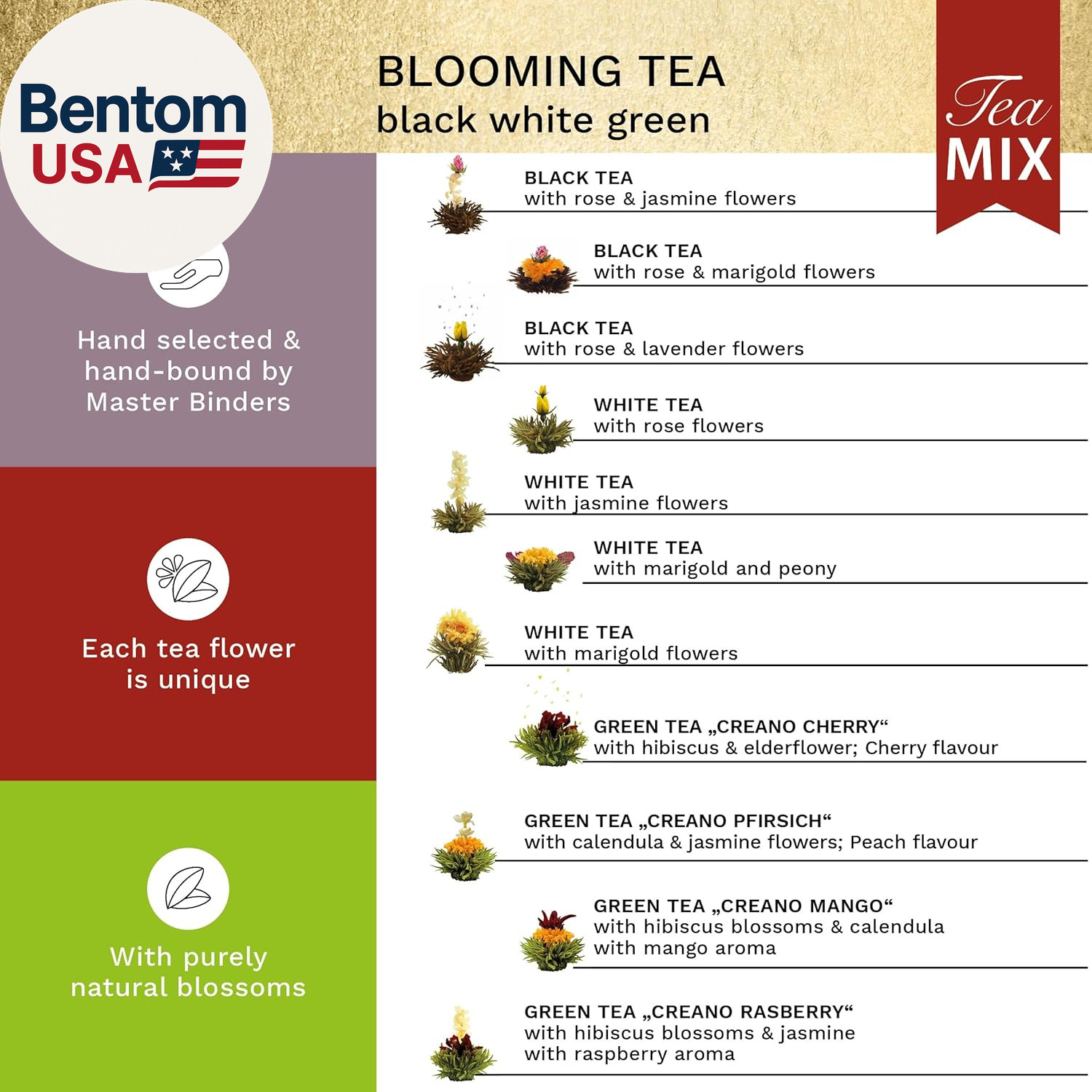 Abloom Tea – Blooming Gift Set in Wooden Box – 12Pcs Green, White & Black Tea