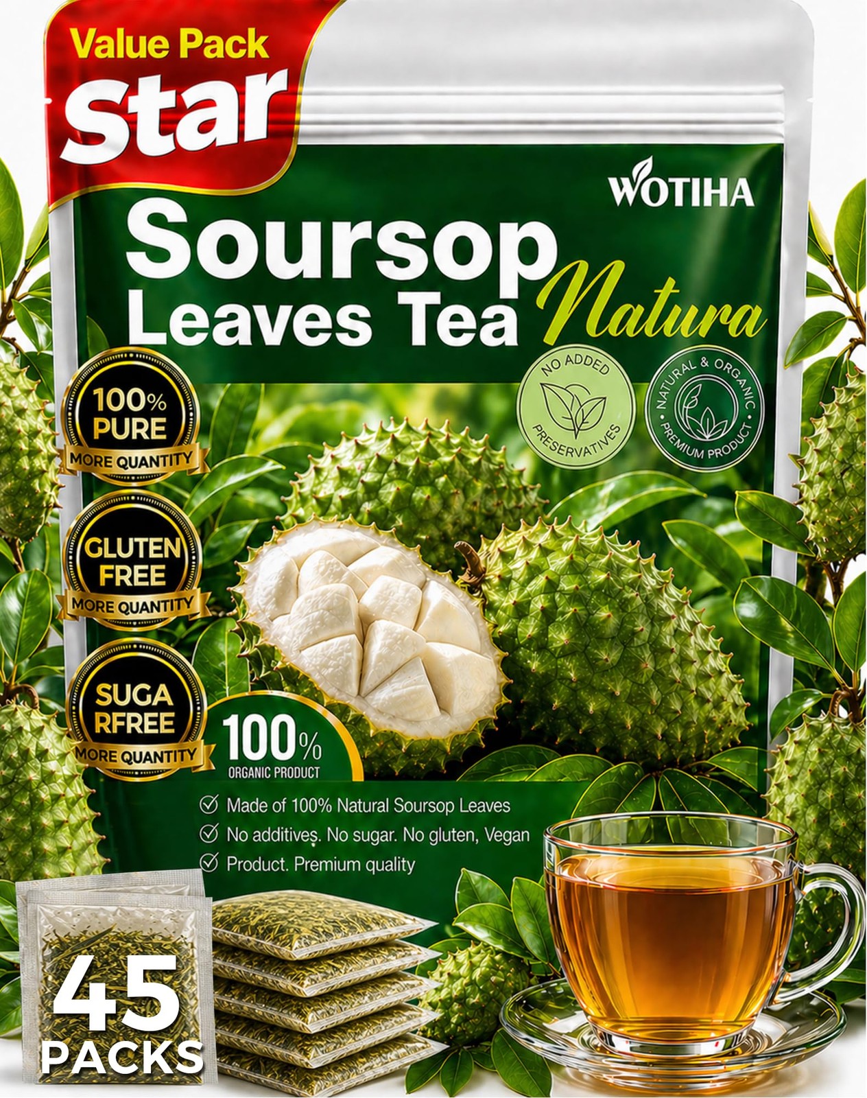 45 Count Premium Soursop Graviola Tea Bags 100% Natural soursop leaves, NonG…