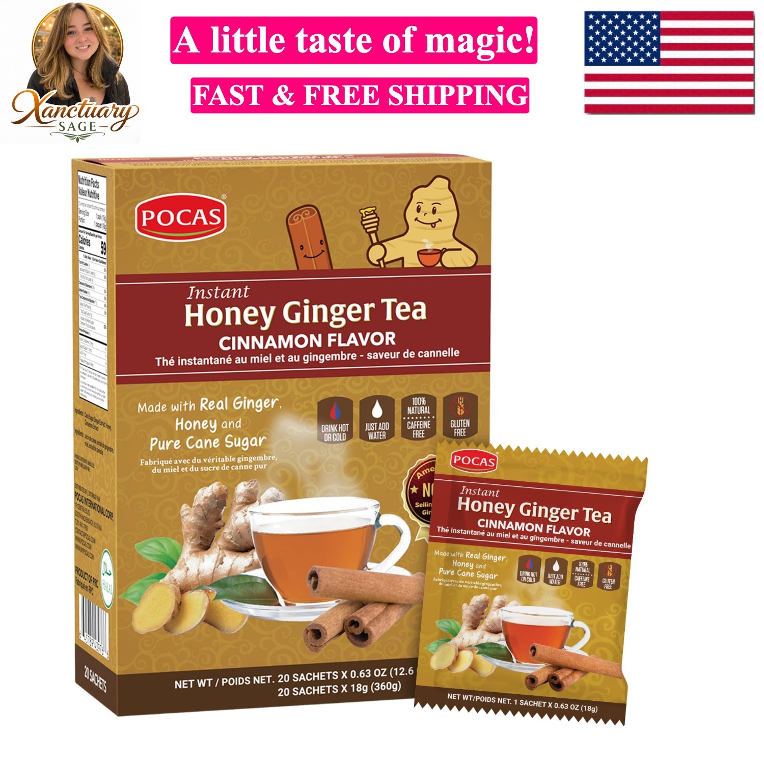 Honey Ginger Instant Tea Powder, Cinnamon Flavor, Ginger Extract & Real Honey…