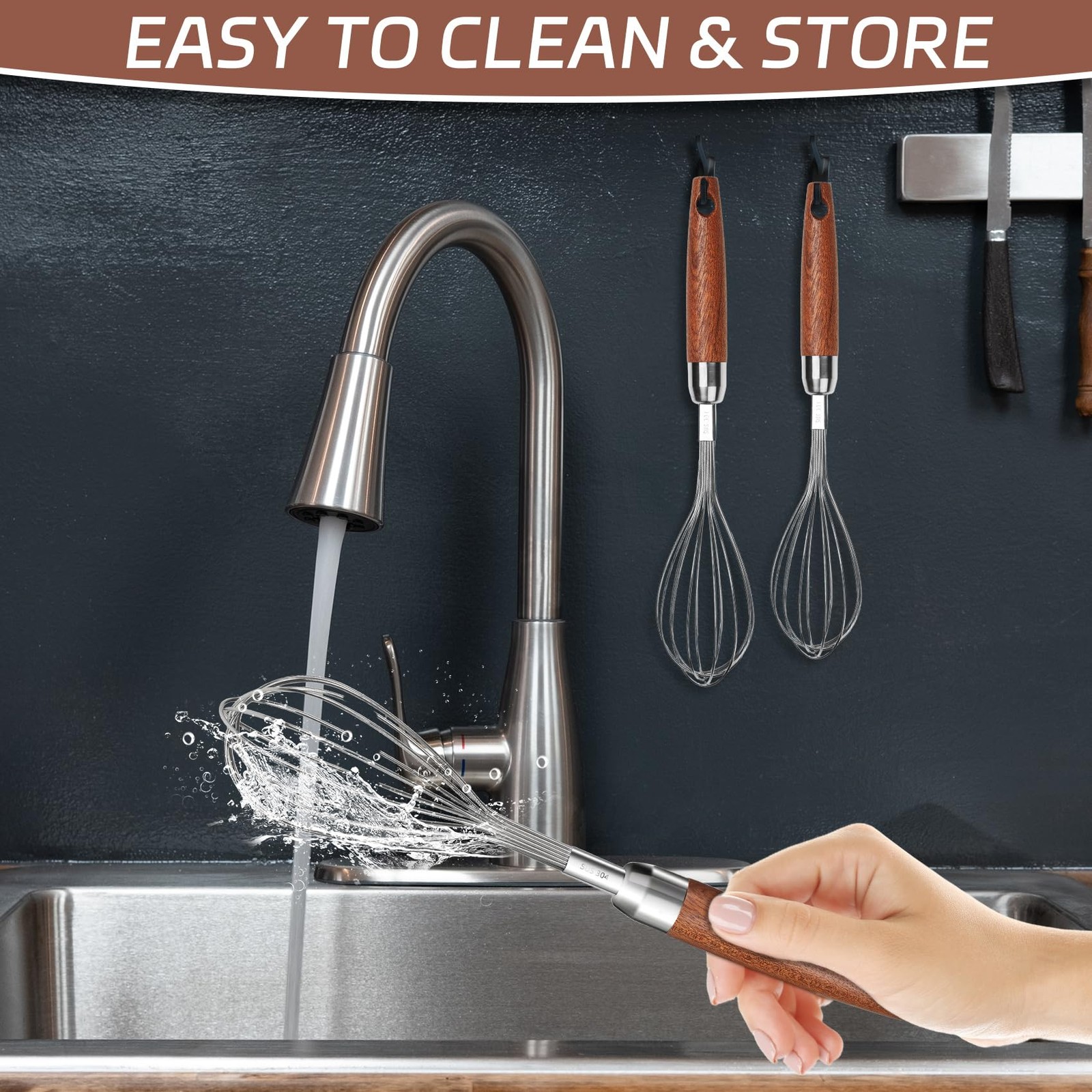 Stainless Steel Wire Whisk, Wooden Handle Kitchen Multi 10″L x 1.8″W, Silver