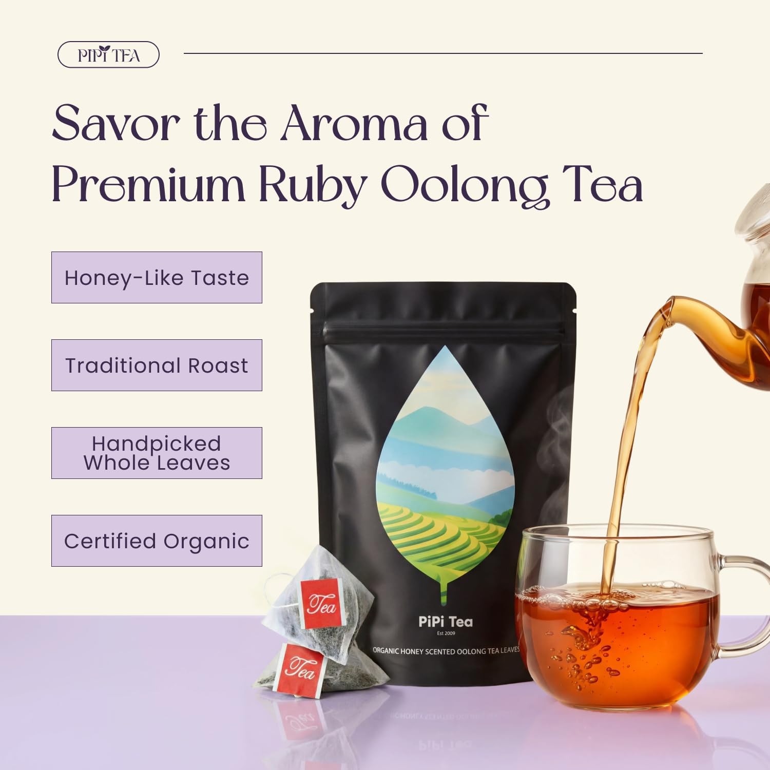 PiPi Tea Organic Oolong Tea Bags–Whole Leaf, 20 Bags(4g Each)–Cortisol & Calming