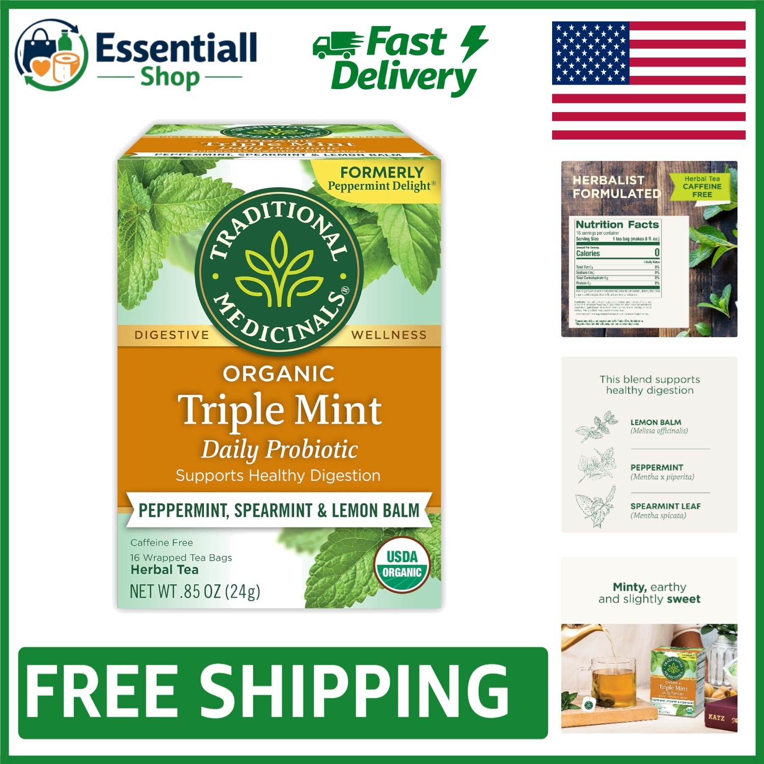 Naturally Delicious Organic Triple Mint Tea – Digestive Aid, 16 Compostable Bags
