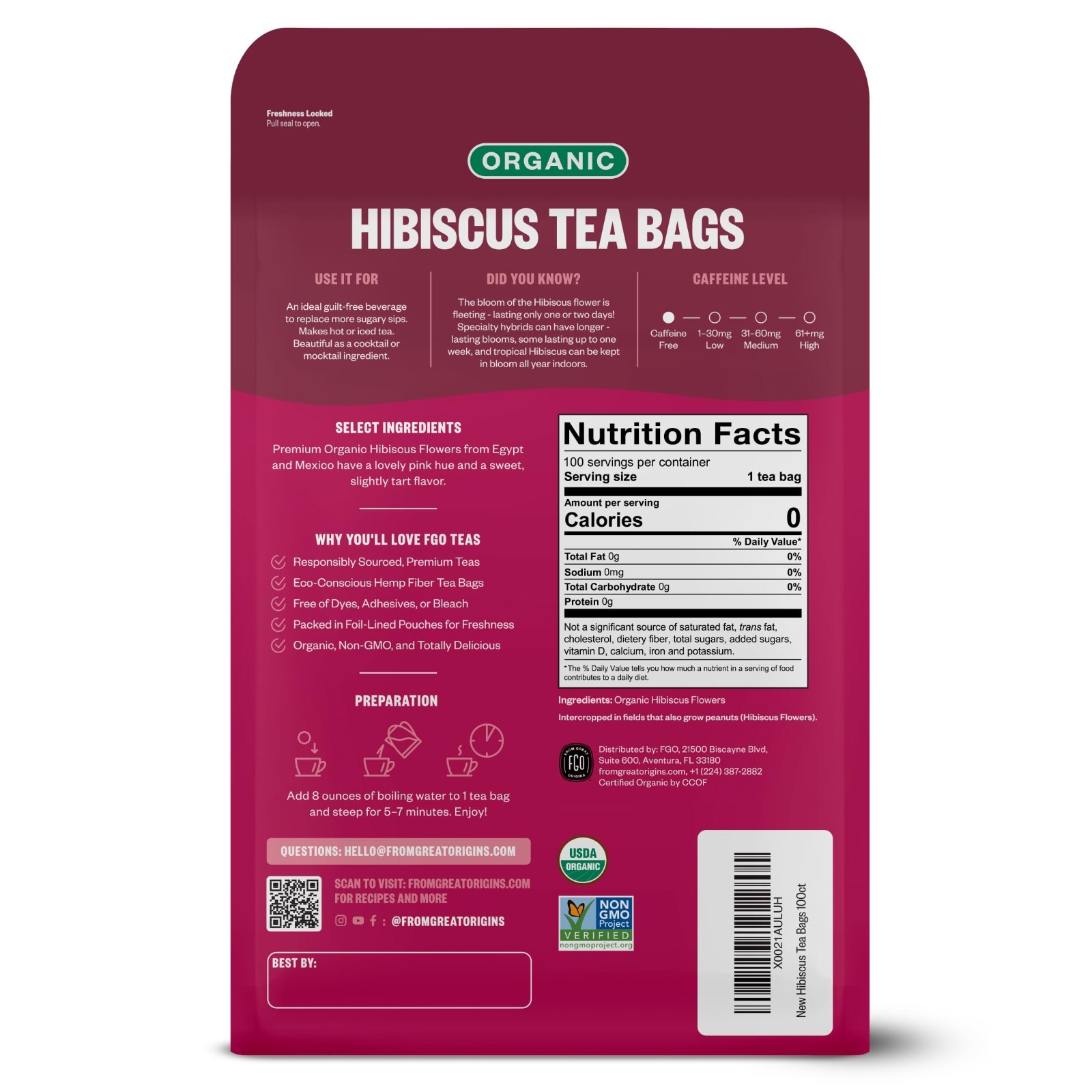 Organic Hibiscus Tea Bags – 100 Count, Caffeine Free, Eco-Friendly Packaging
