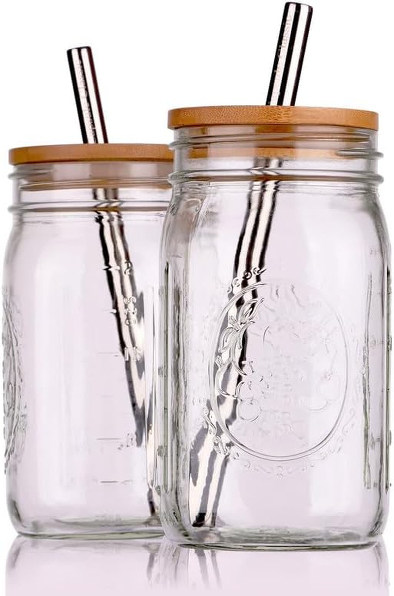 Reusable Boba Bubble Tea & Smoothie Cups – 2 Glass Wide Mouth 32 Oz Mason Jars w
