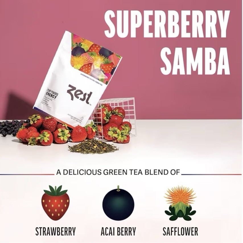 Zest Energy Superberry Samba Green Tea 20 Bags 135mg Caffeine Keto Friendly