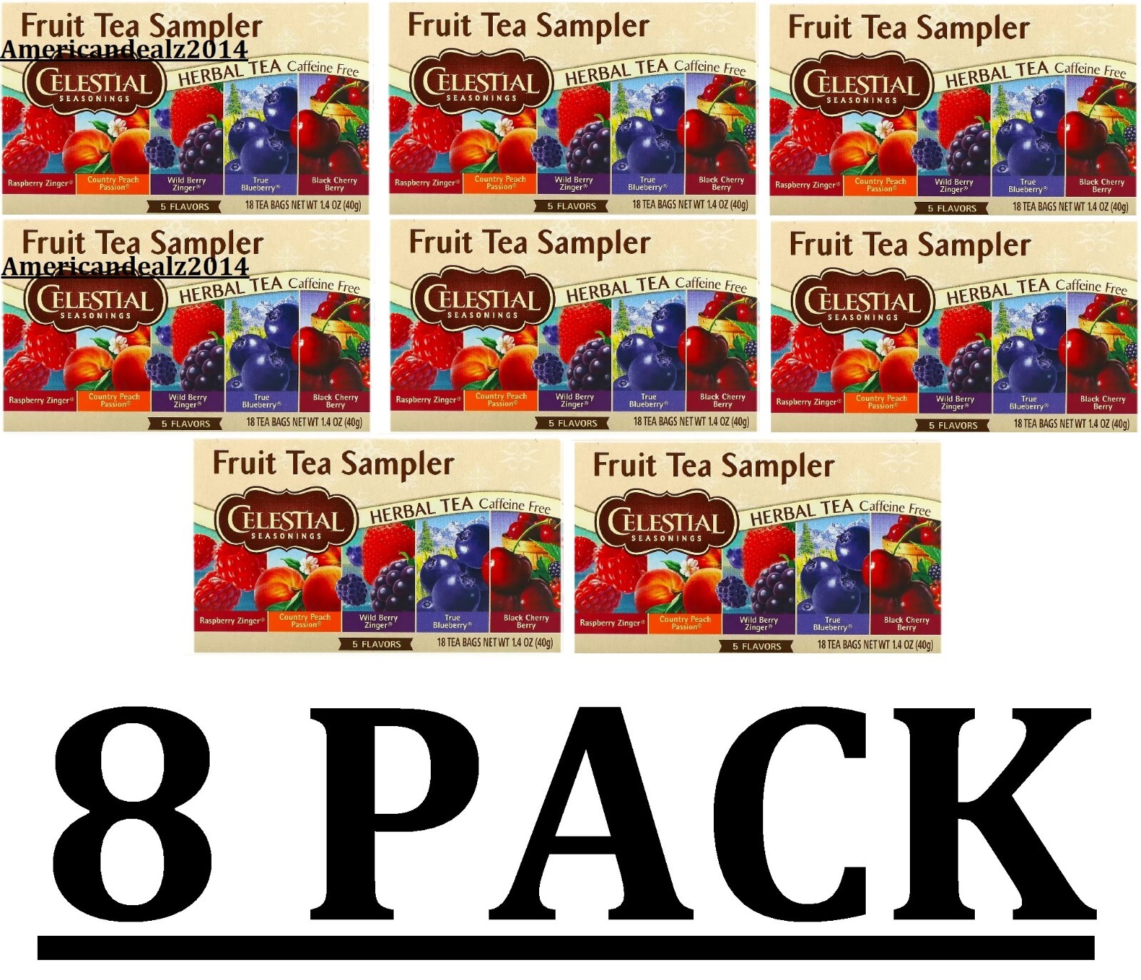 8 PACK – Celestial Fruit Tea Sampler, Caffeine Free, 5 Flavors, 18 Tea Bags EACH
