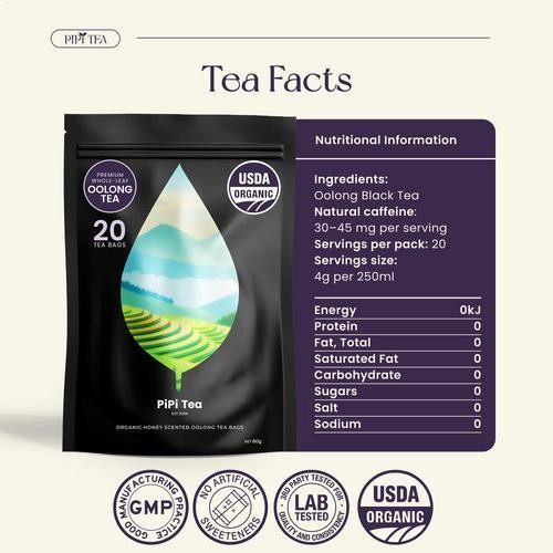 PiPi Tea Organic Oolong Tea Bags–Whole Leaf, 20 Bags(4g Each)–Cortisol & Calming