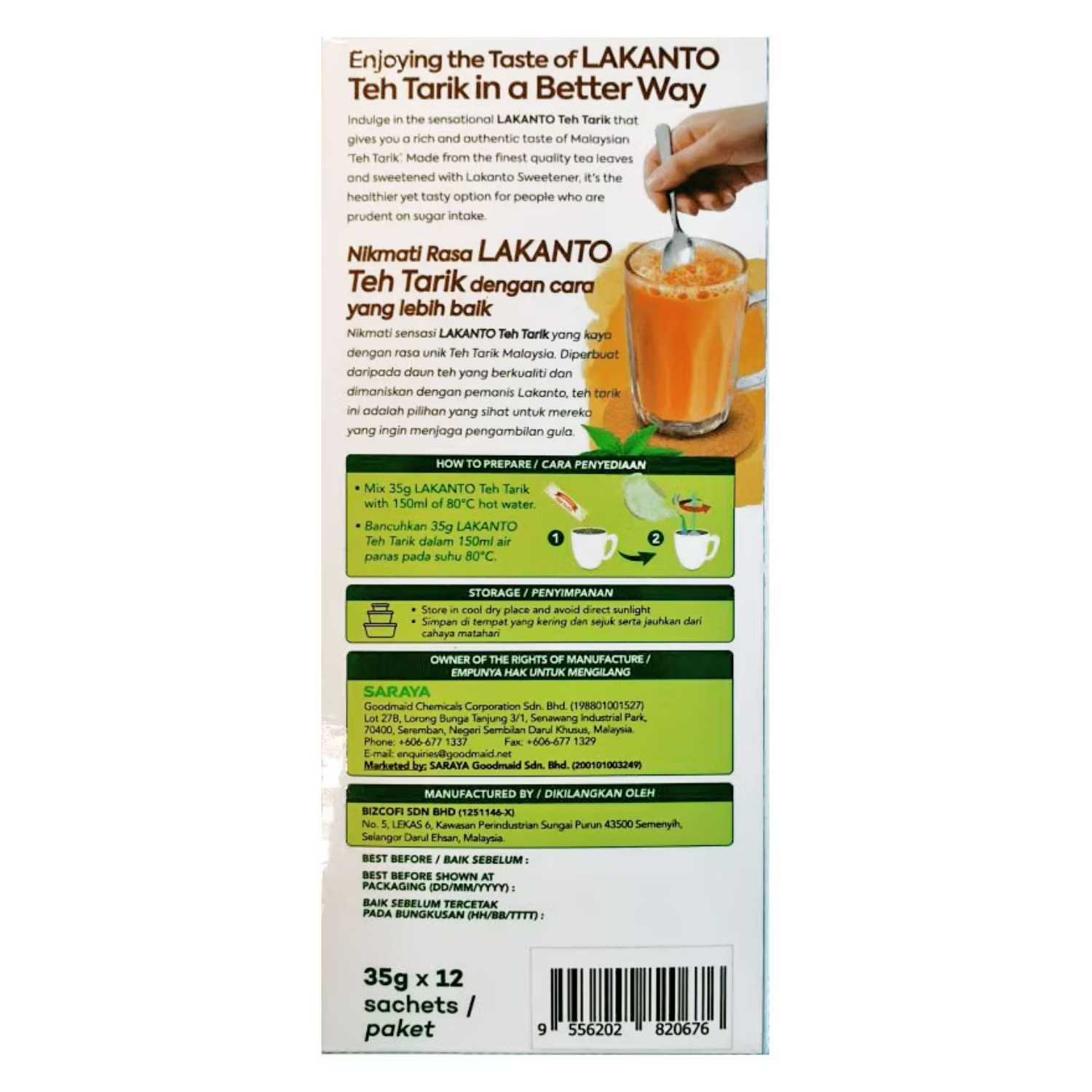 LAKANTO Premix milk Tea ( Teh Tarik ) 12 Sachet 420Grams Include Shipping