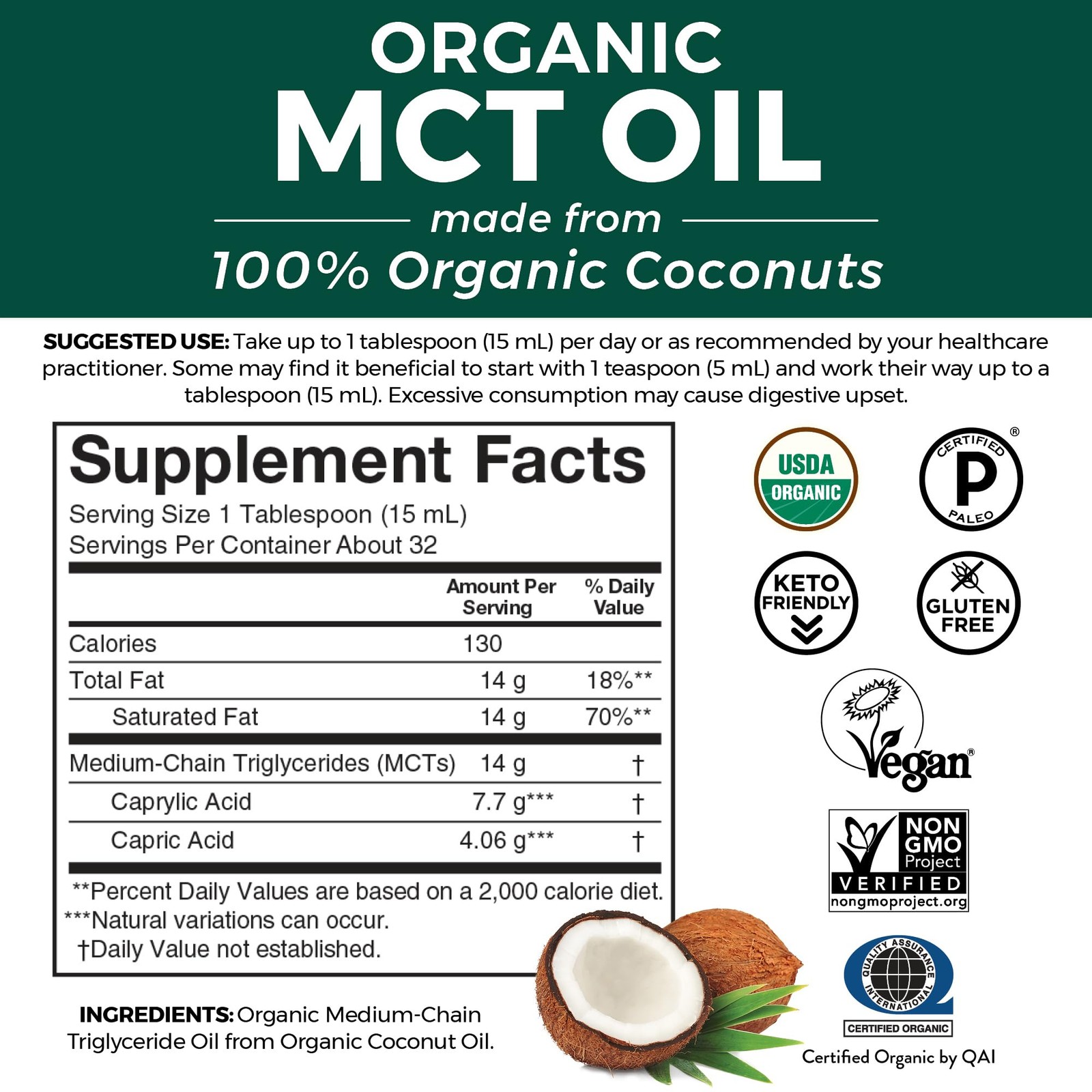 Viva Naturals Organic MCT Oil, 32 fl oz – 32 Fl Oz (Pack of 1), Coconut