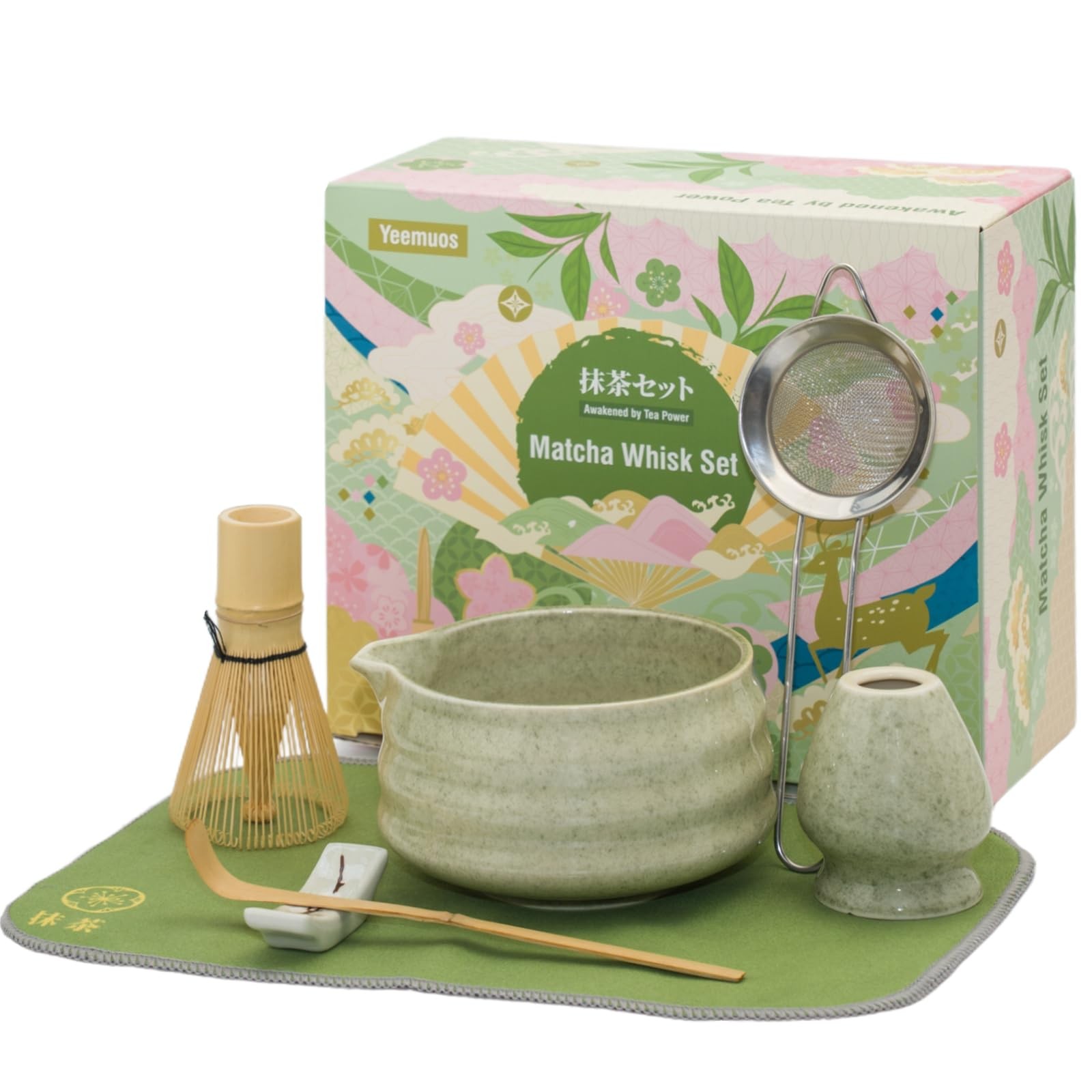 7 PCS Matcha Making Kit with Whisk Ceramic Bowl Sifter Scoop Holder Towel