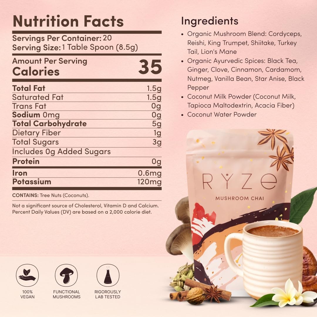 RŸZE Mushroom Chai With 6 Adaptogenic Mushrooms Beverage Powder FREE SHIPPING.