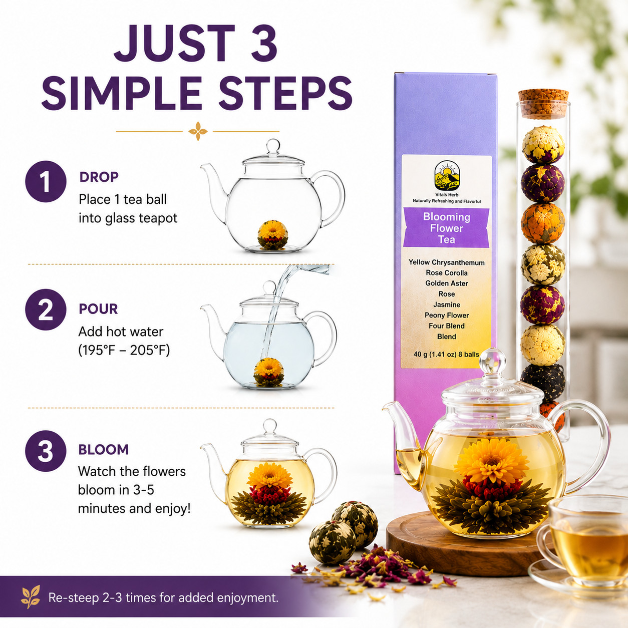 Summer Sale Blooming Tea Balls 8 Pack Jasmine Rose Chrysanthemum Peony Tea
