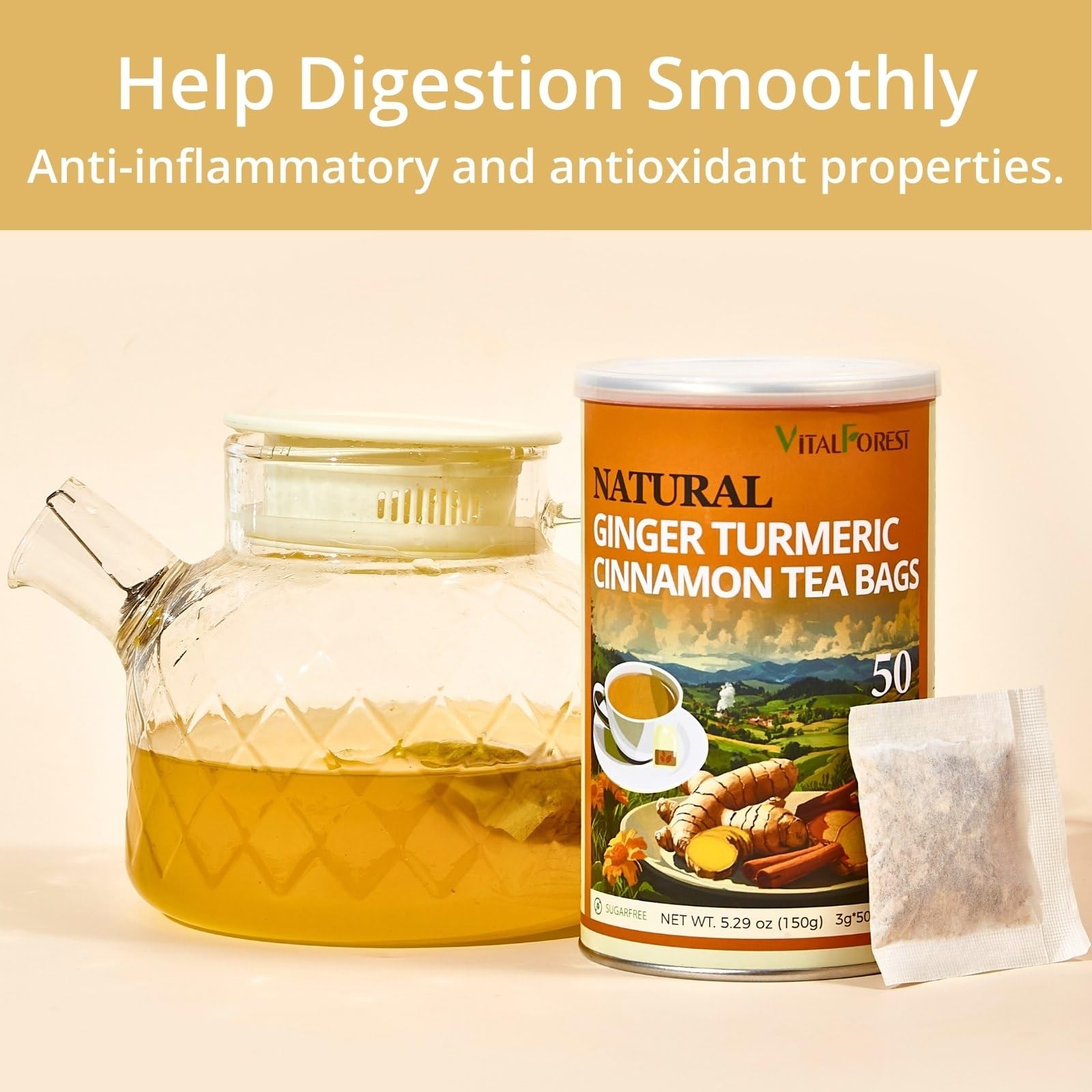 50 Premium Turmeric Ginger Cinnamon Tea Bags| Vitalforest Natural