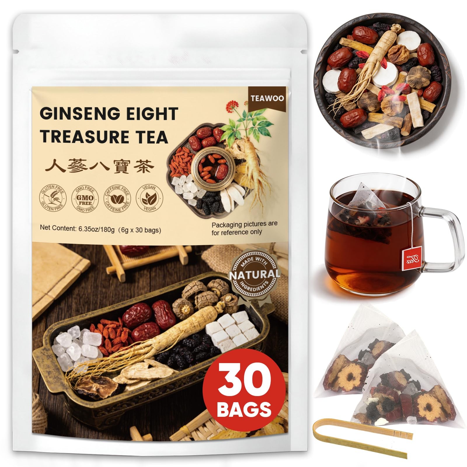 TEAWOO 30 Bags Ginseng Eight Treasures Tea, Chinese Tea with &…