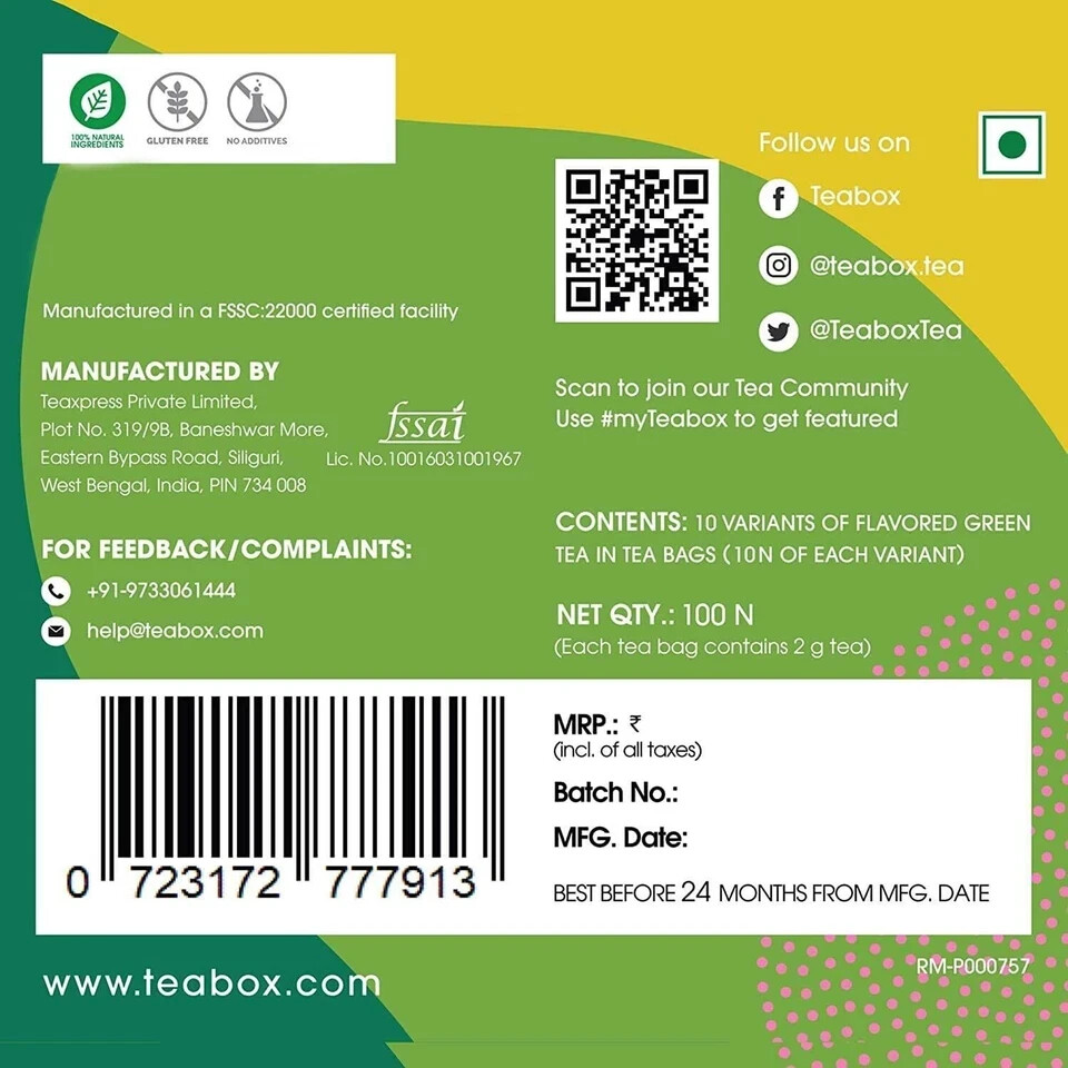 Teabox Green Tea Sampler Bags 100pcs (10pcs X 10 flavors) | 100% Natural