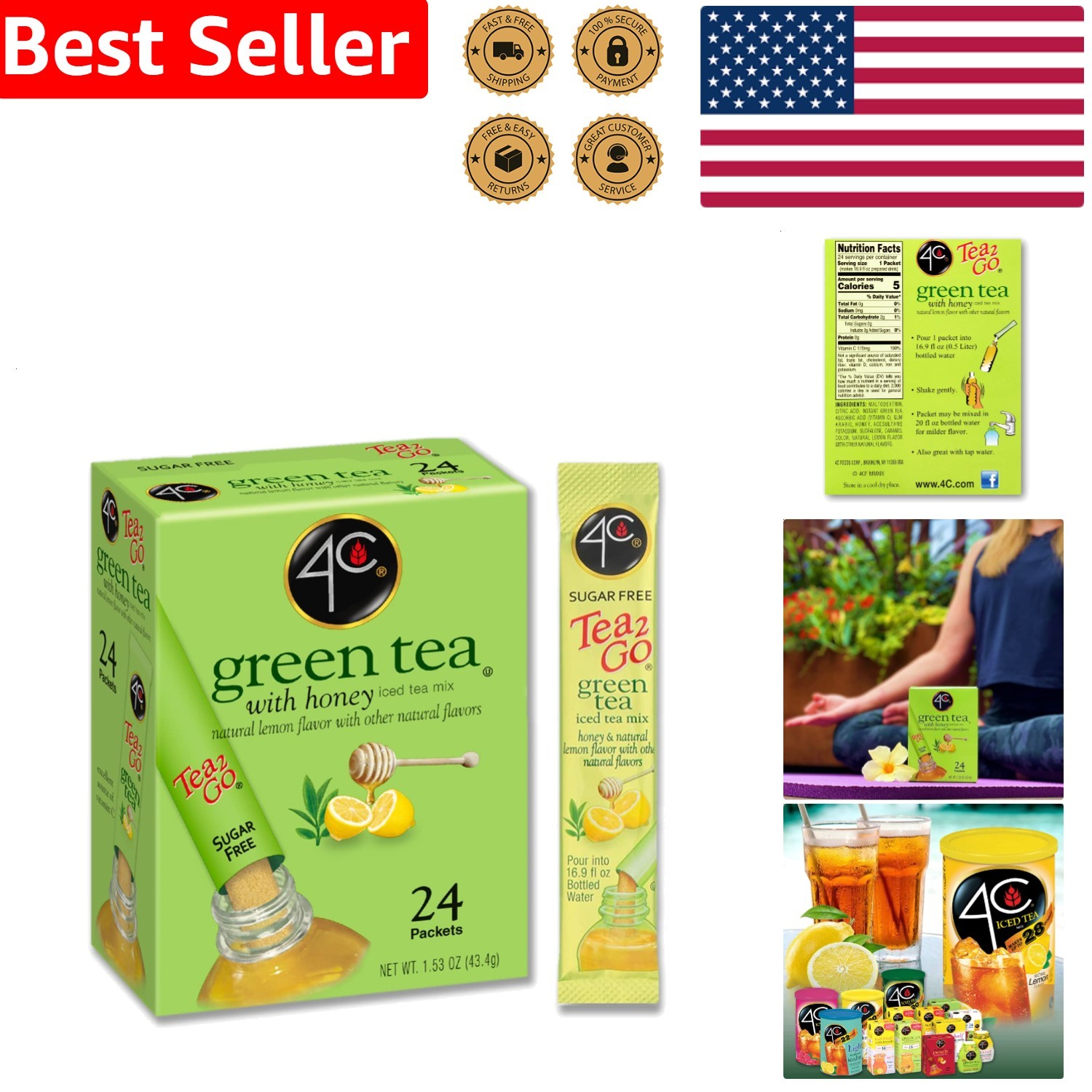 Powder Drink Mix Lemon-Lime Green Tea 24 Singles Sugar Free Decaf Stix Hydration